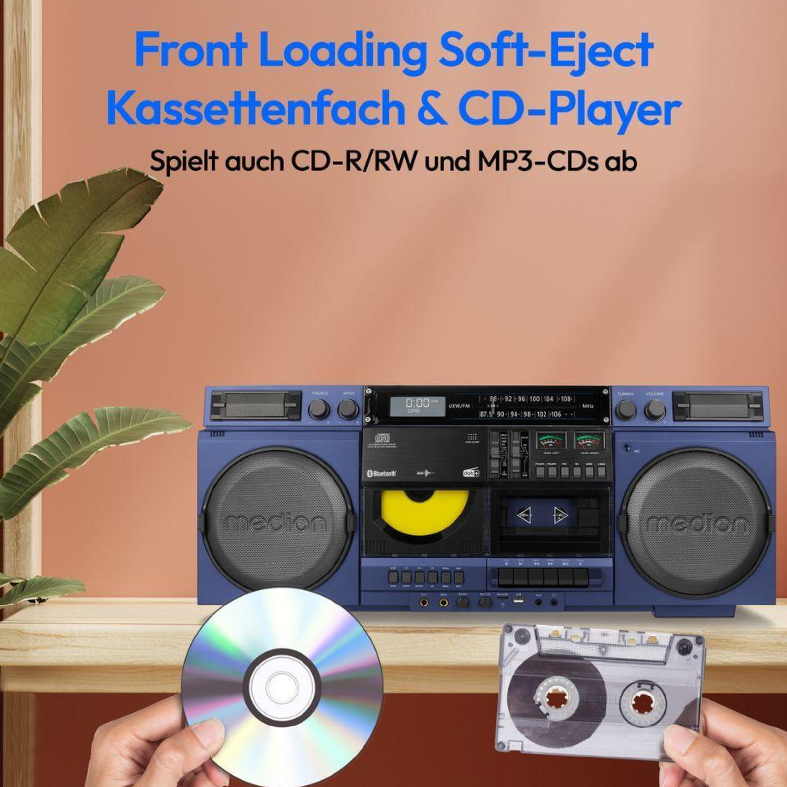 Medion LIFE P66538 (MD44538) Retro-Boombox blau DAB+/PLL-UKW Radio, Bluetooth, CD-Player, Kassettendeck