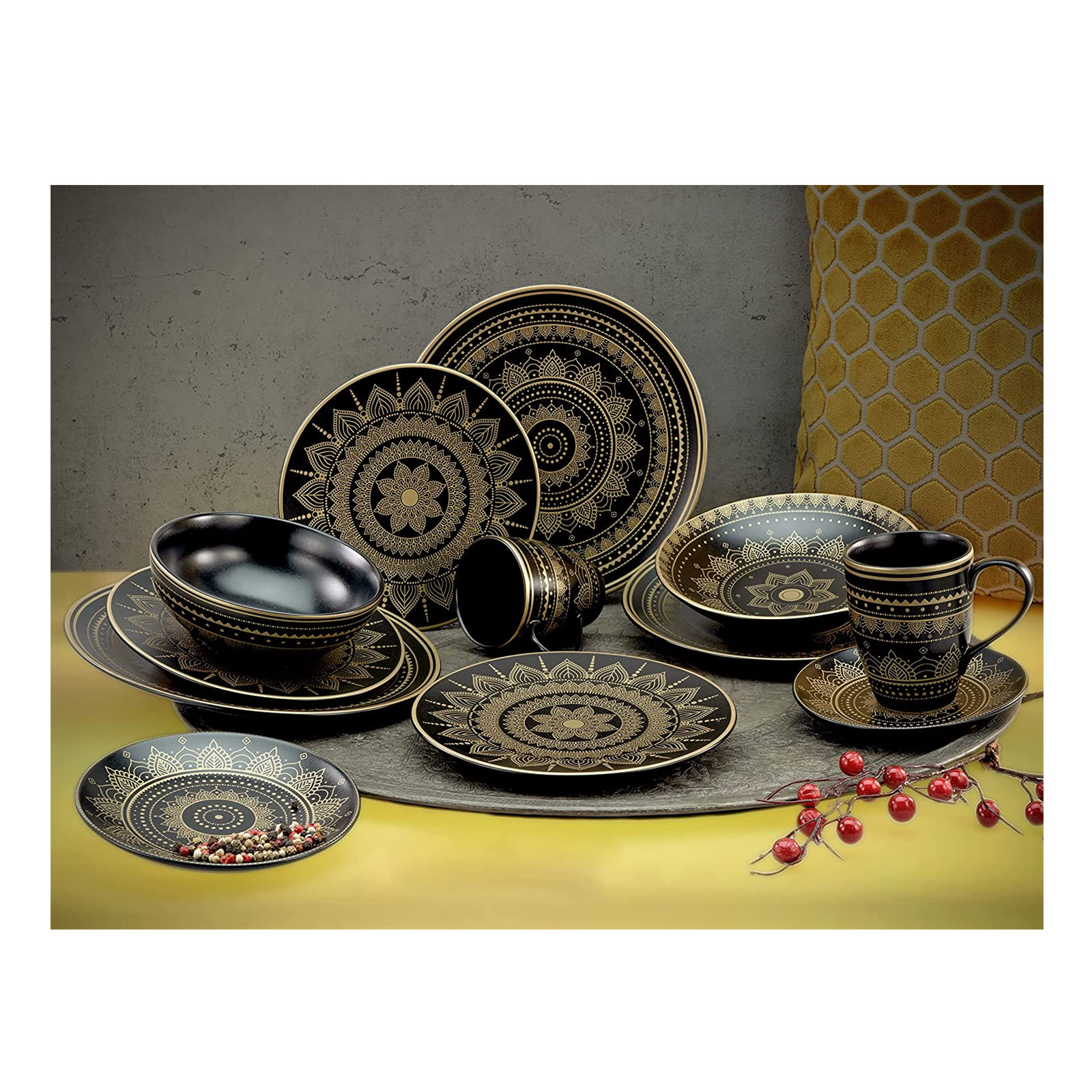 CreaTable, 23586, Serie MANDALA GOLD - schwarz, Geschirrset, Kombiservice 16 teilig
