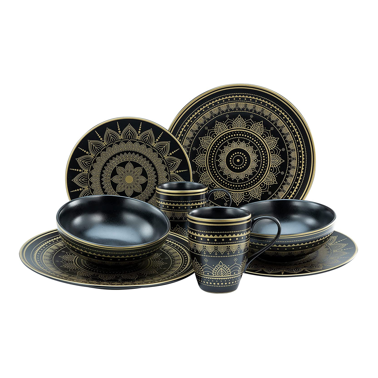 CreaTable, 23587, Serie MANDALA GOLD - schwarz, Geschirrset, Kombiservice 8 teilig