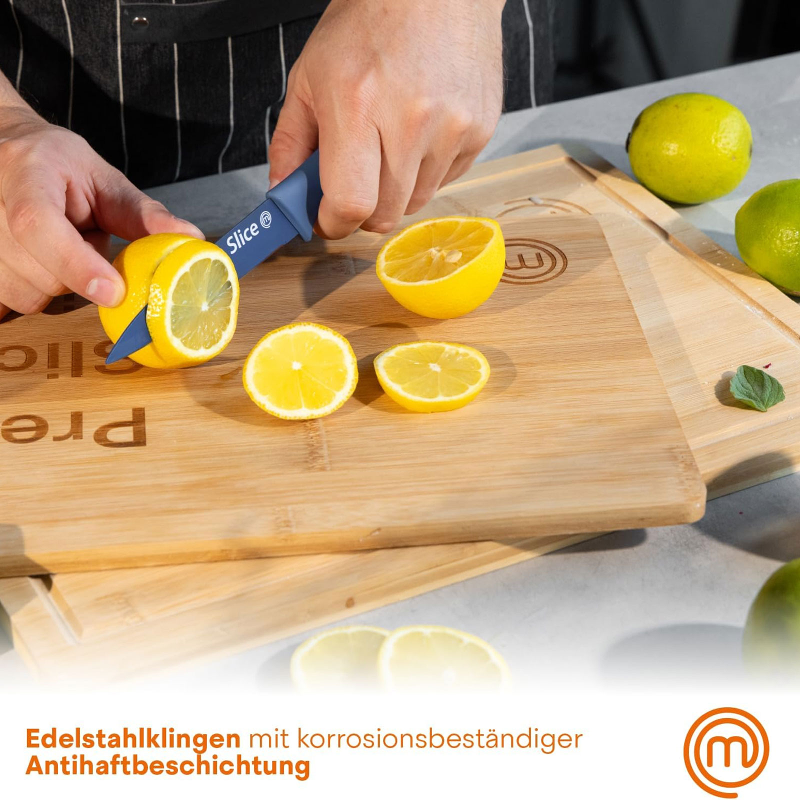 MasterChef Küchentextilien-Set 3-teilig + 3-teiliges Küchenmesser-Set