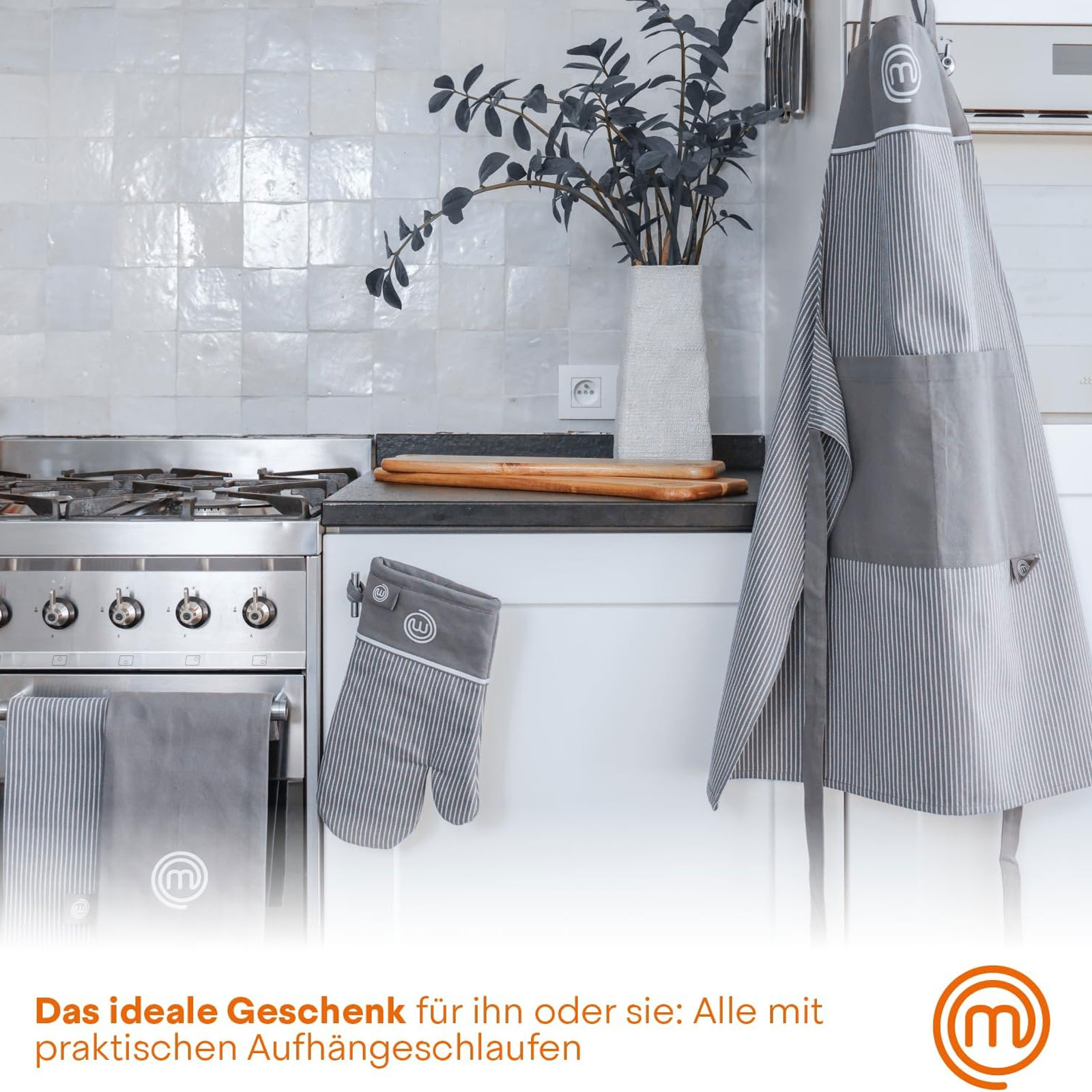 MasterChef Küchentextilien-Set 3-teilig + 5-teiliges Küchenmesser-Set