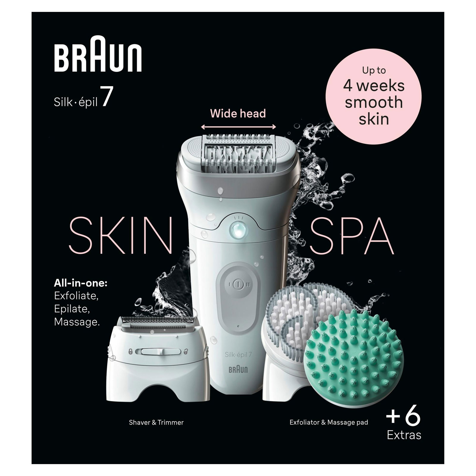 Braun Epilierer Silk-épil 7 SkinSpa 7-081 (SkinSpa All-In-One Set für glatte Haut von Kopf bis Fuß, Massageaufsatz, Peelingbürste, Rasieraufsatz, Trimmeraufsatz, Wet&;Dry-Anwendung, Smartlight-Funktion, Made in Germany)