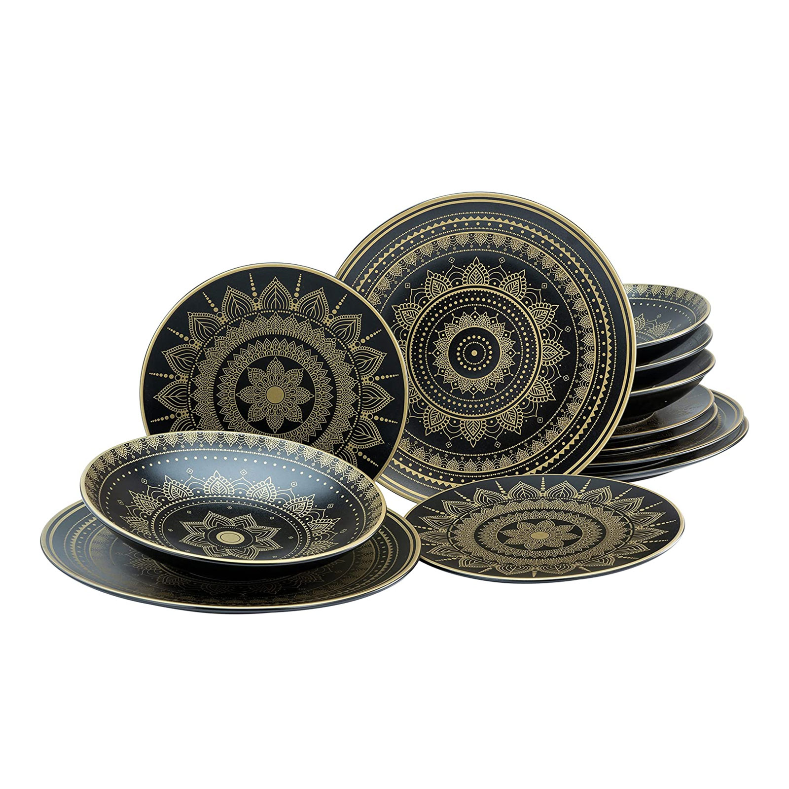 CreaTable, 23588, Serie MANDALA GOLD - schwarz, Geschirrset, Teller Set 12 teilig