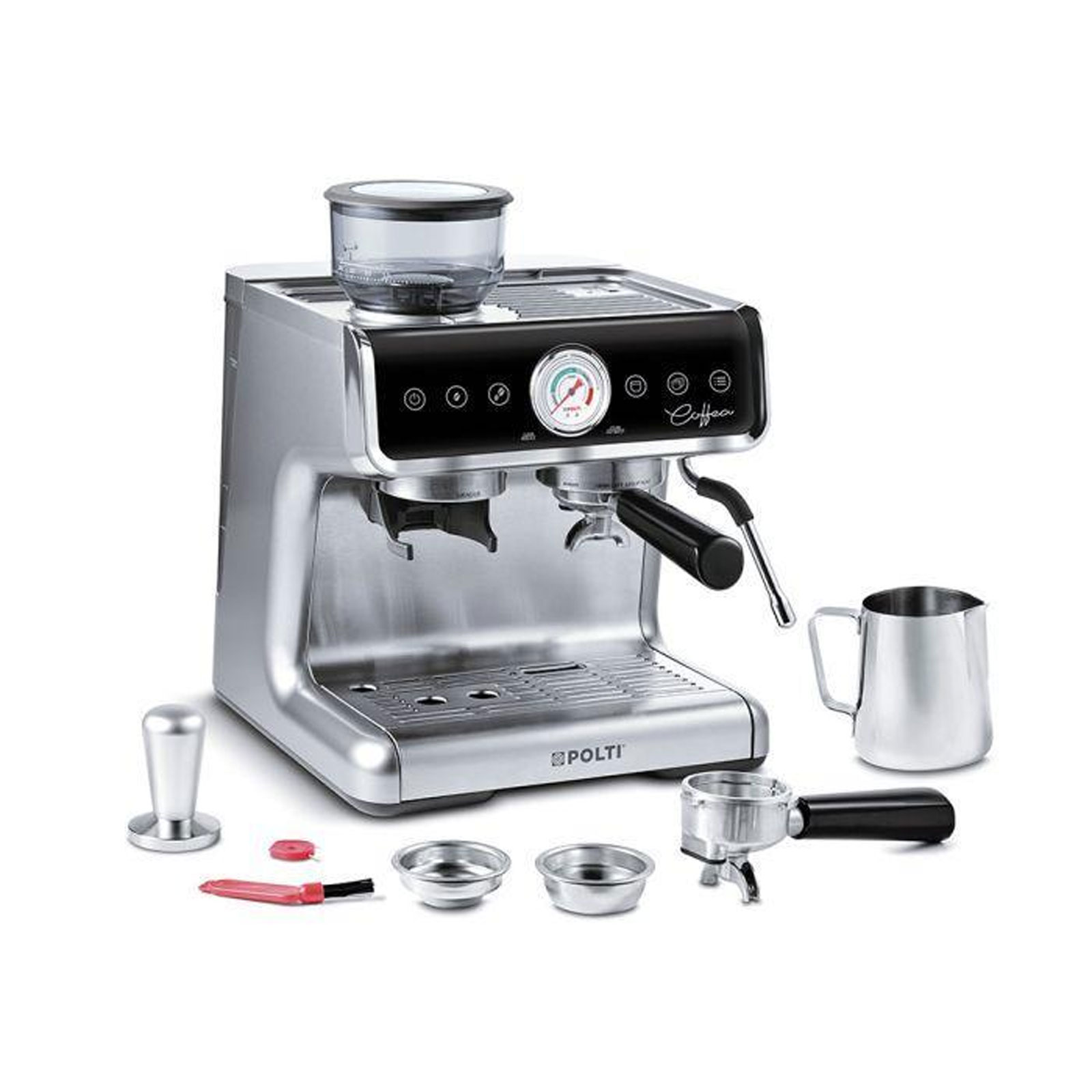 Polti Coffea G50S Siebträger-Espressomaschine (15 bar, 1600 Watt, Barista, Touchpanel, Edelstahl-Tamper, 30 Mahlgrade, 2,8 Liter Wassertank, Doppel-Ausgabe)