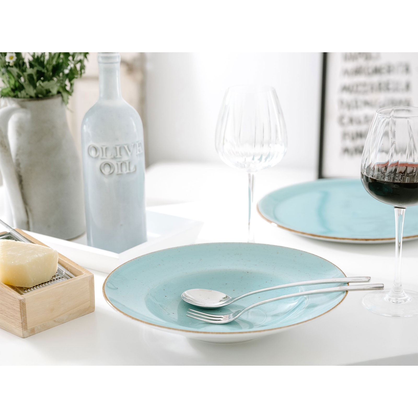 CreaTable, 34046, Serie Vintage Nature Aqua, 4-teiliges Geschirrset, Pastateller aus Porzellan, spülmaschinen- und mikrowellengeeignet, Made in Europe