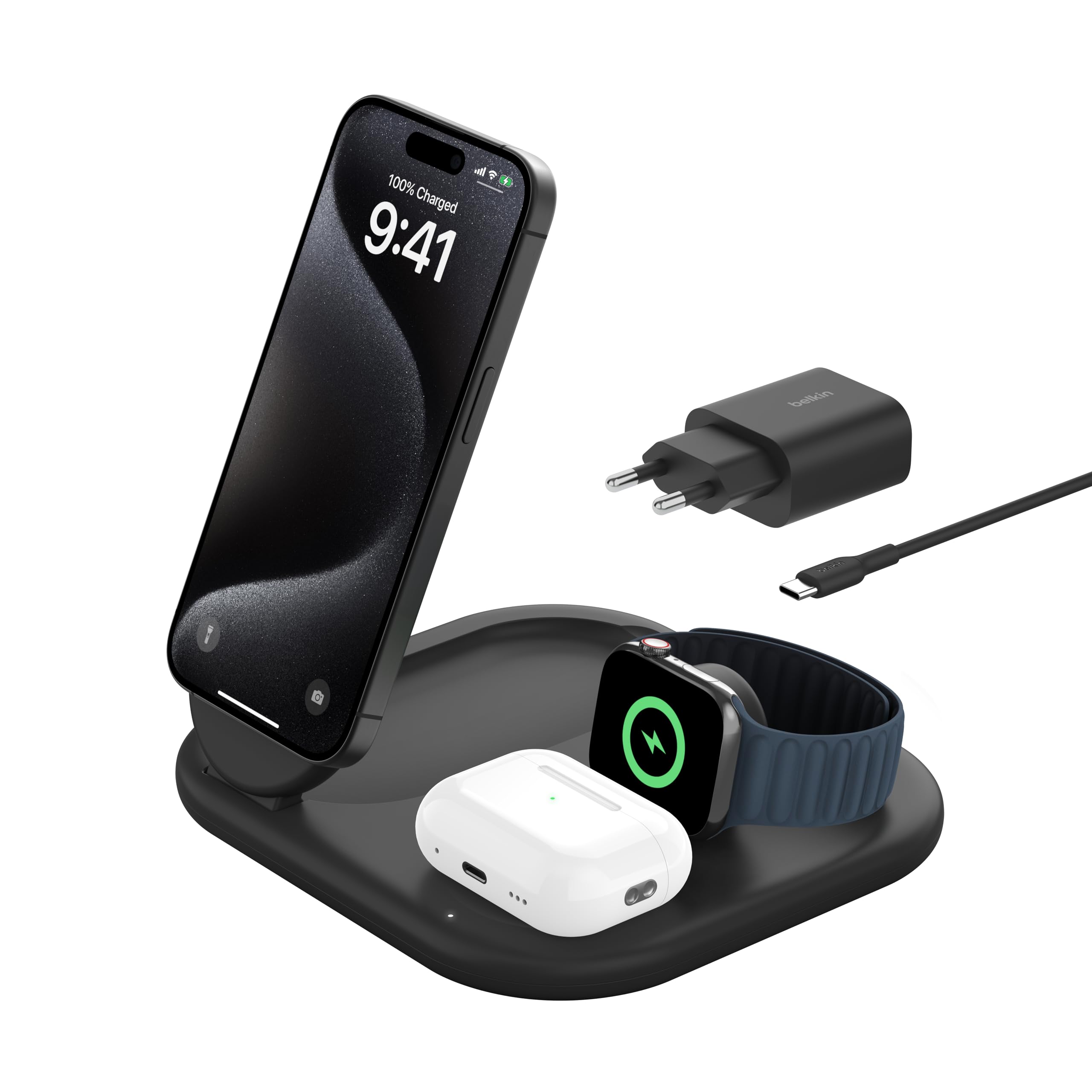 BELKIN Boost Charge Magnetische, einklappbare, kabellose 3-in-1-Ladestation mit Qi2 (15 W)