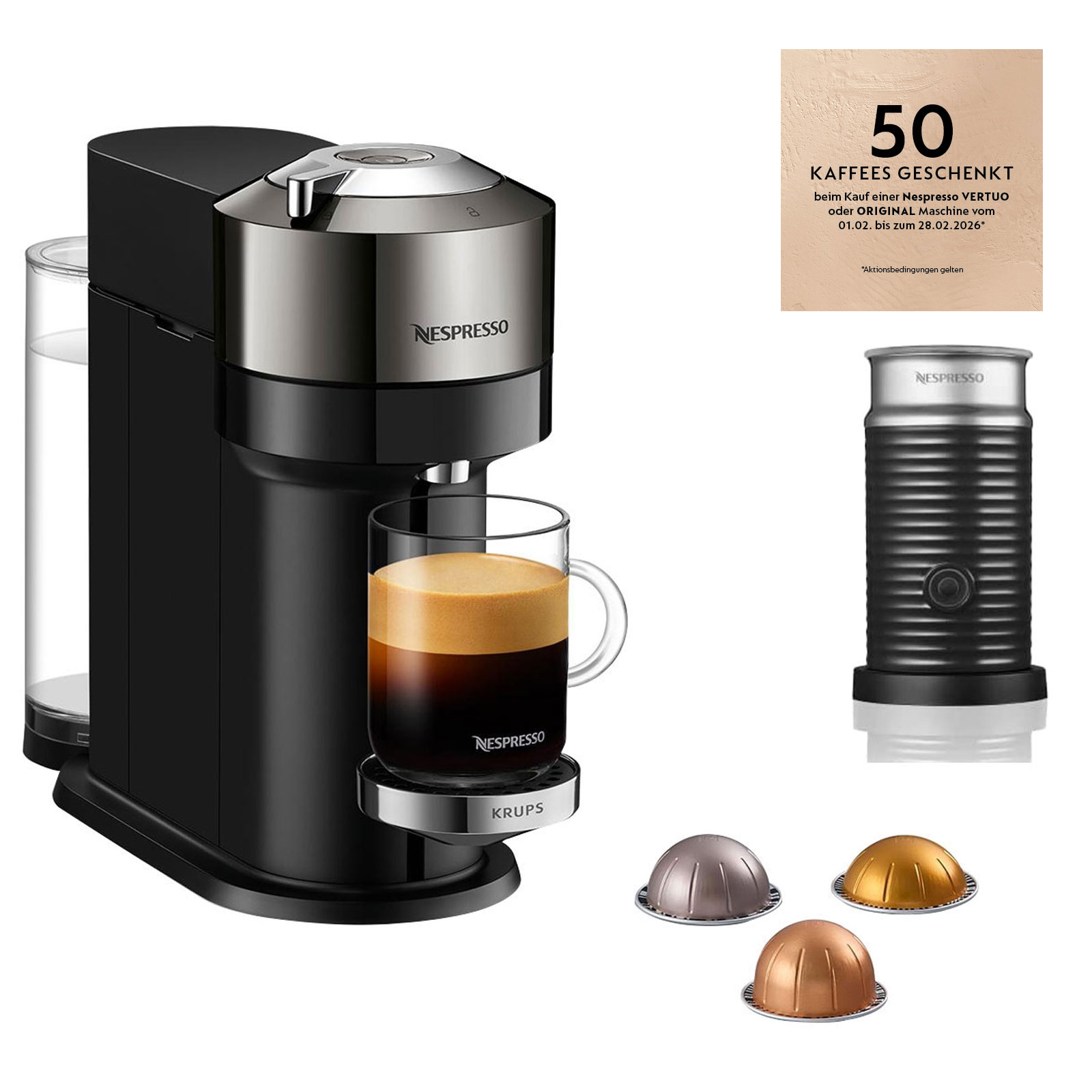 Krups XN 910C Nespresso Vertuo Next Dark Chrome + Nespresso Aeroccino 3 Milchaufschäumer