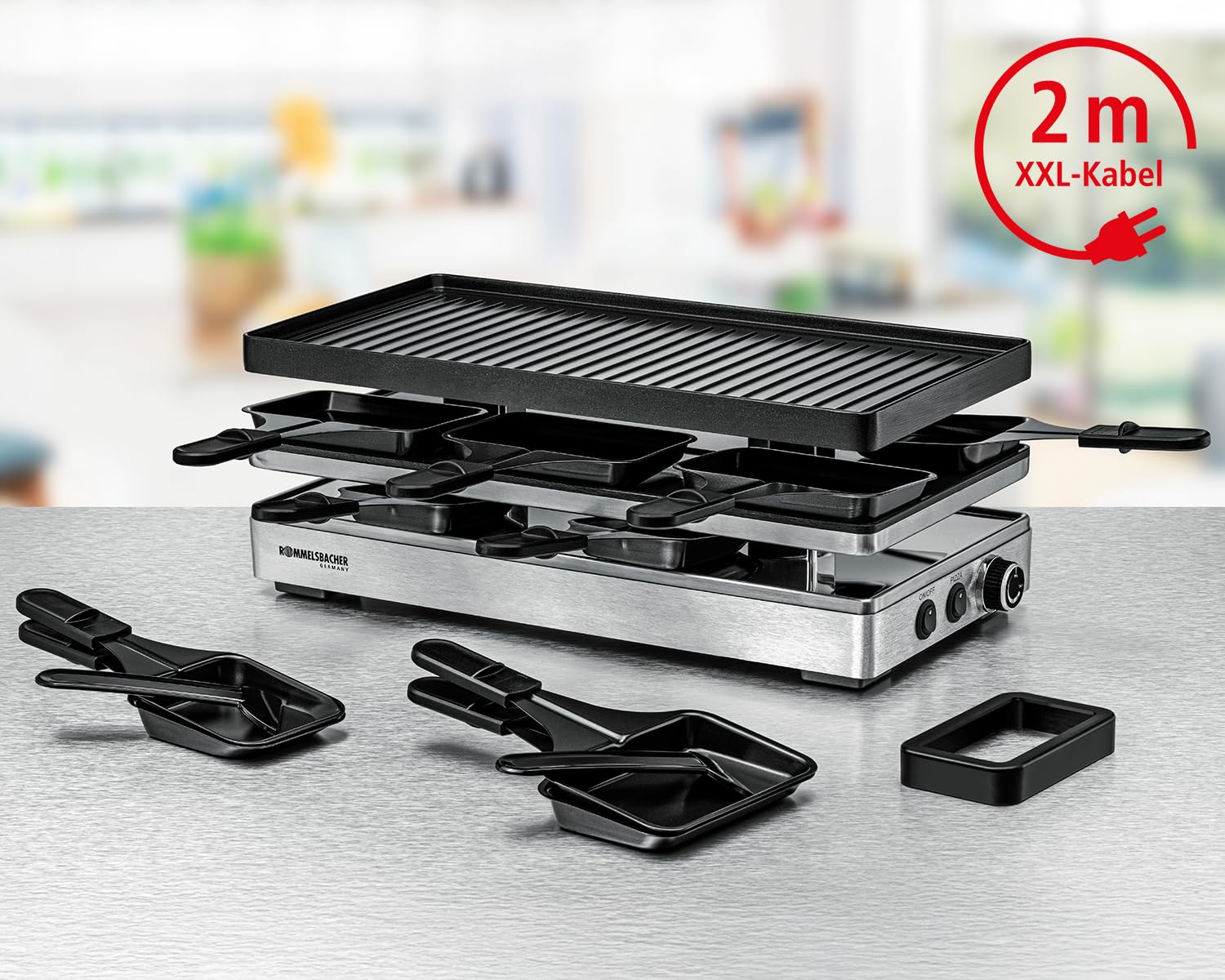 ROMMELSBACHER Pizza Raclette RCP 1800, Wendeplatte (Grillmuster/Crêpes)