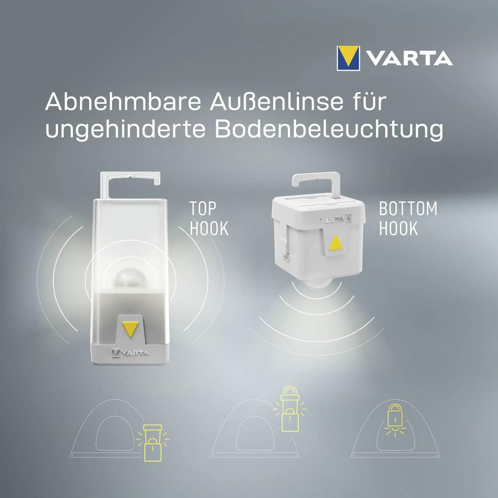 VARTA Outdoor Ambiance L10 Campingleuchte (Batteriebetrieben (3x AA), 6 verschiedene Farben, Aufhängemöglichkeiten, spritzwassergeschützt, Dimmfunktion)