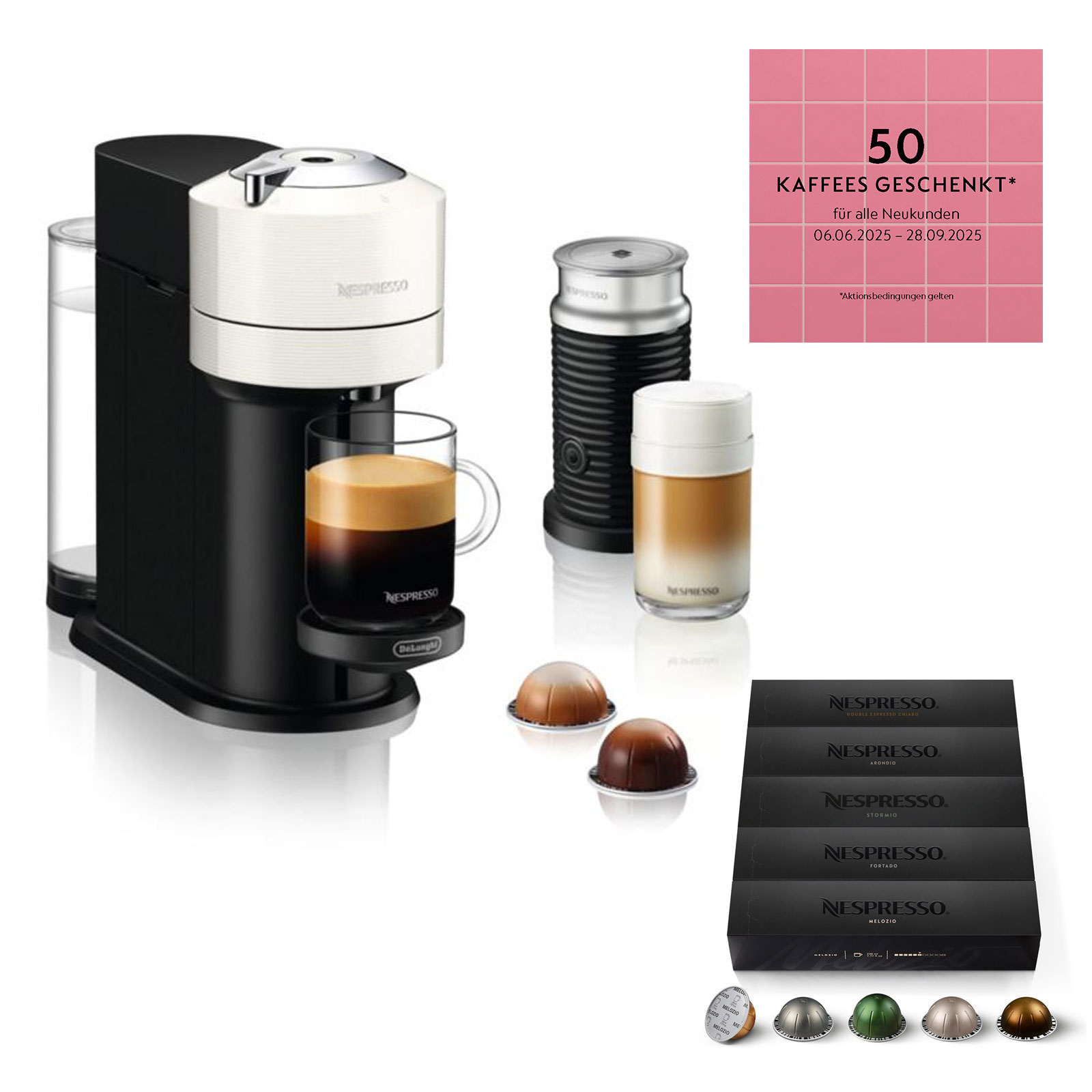 Delonghi Nespresso-Kapselmaschine Vertuo Next inkl. Aeroccino 3 + 50 NESPRESSO Vertuo Kapseln