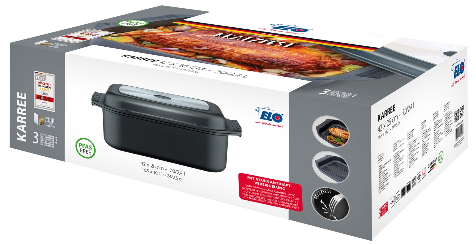 ELO Alugussbräter Karree 46 x 26 cm mit Grilldeckel ELODur Select schwarz matt