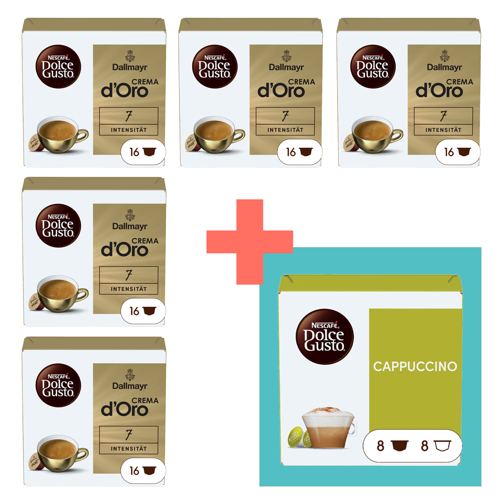 NESCAFÉ DOLCE GUSTO Topseller 6er Pack, Dallmayr Crema d´Oro (5x16 Kapseln) + Cappuccino (1x16 Kapseln)

