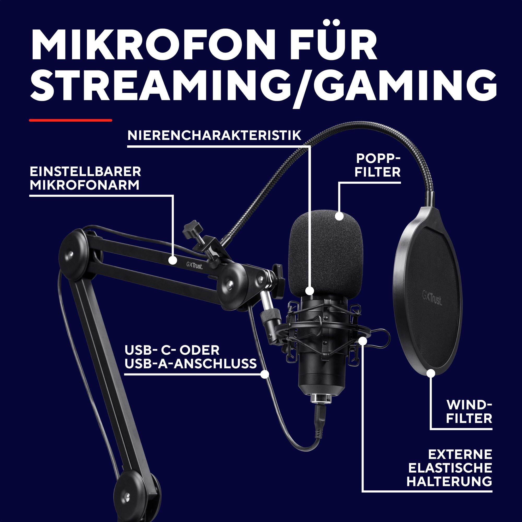 GXTrust 270 Emita II+ Mikrofon mit Arm, Windfilter und Popfilter