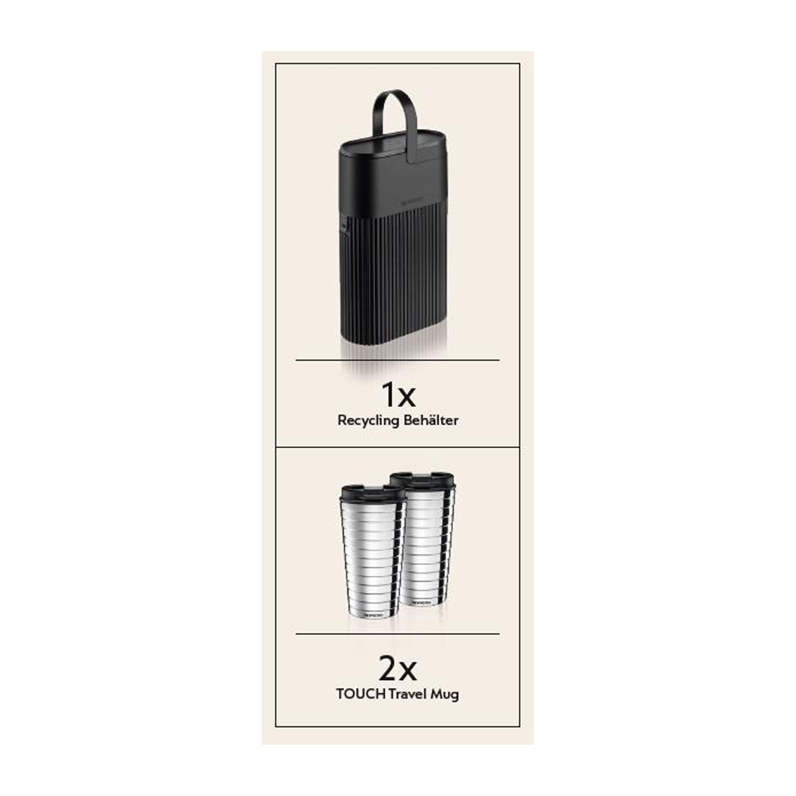 DeLonghi ENV120.W VertuoNext + Aeroccino 3 + Geschenk-Set Recycling Behälter + Travel Mug