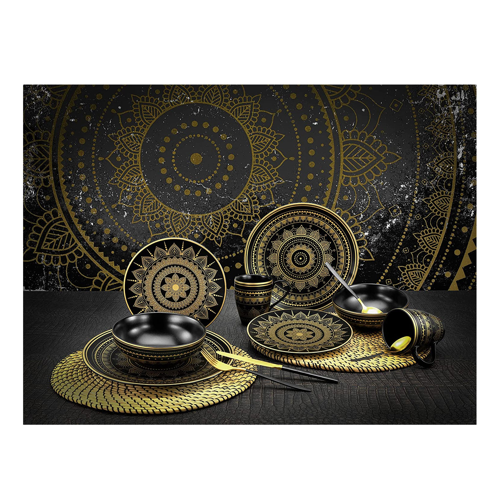 CreaTable, 23586, Serie MANDALA GOLD - schwarz, Geschirrset, Kombiservice 16 teilig