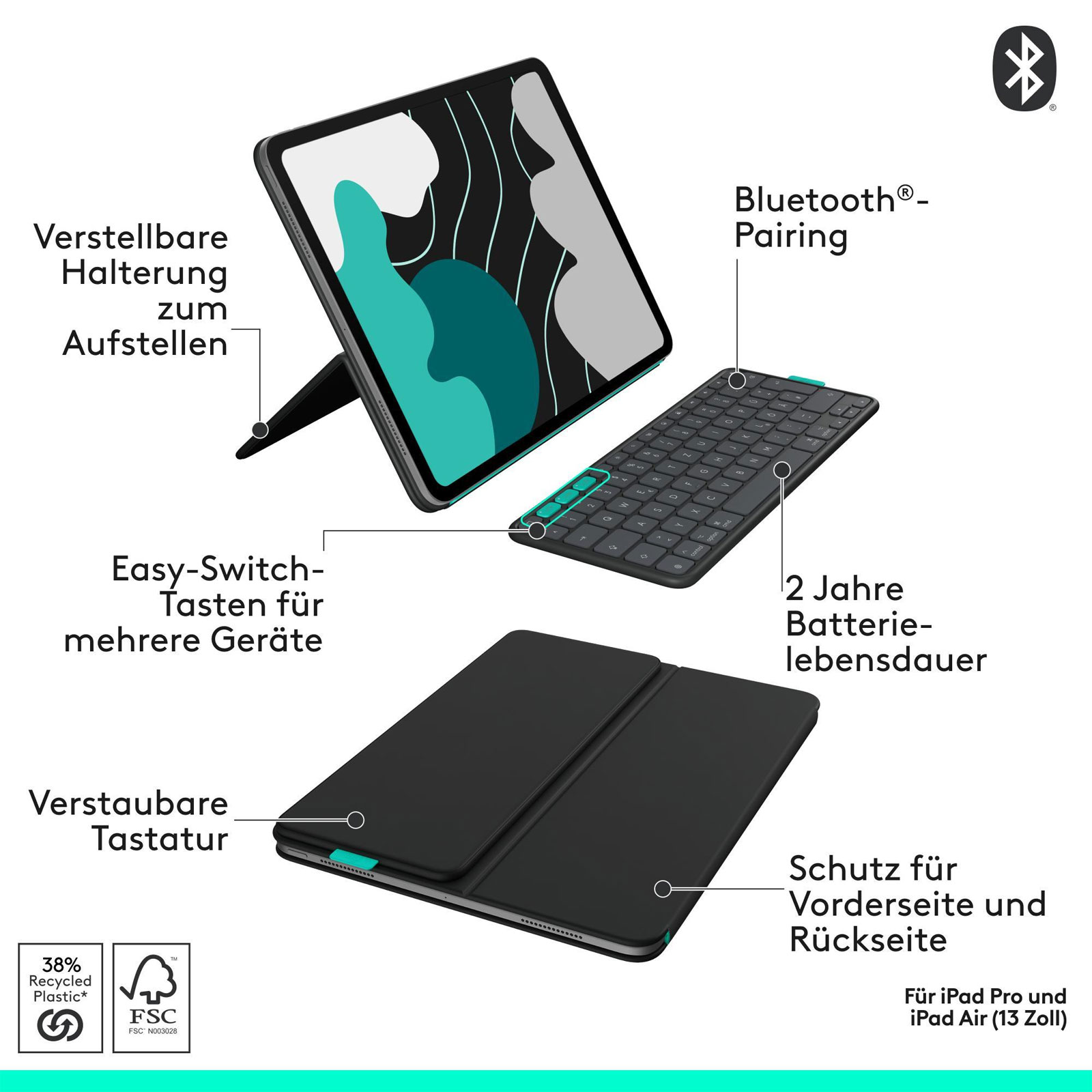 Logitech Folio Touch, graphite, für iPad Pro &; iPad Air 13 Zoll Tablet-Tastatur