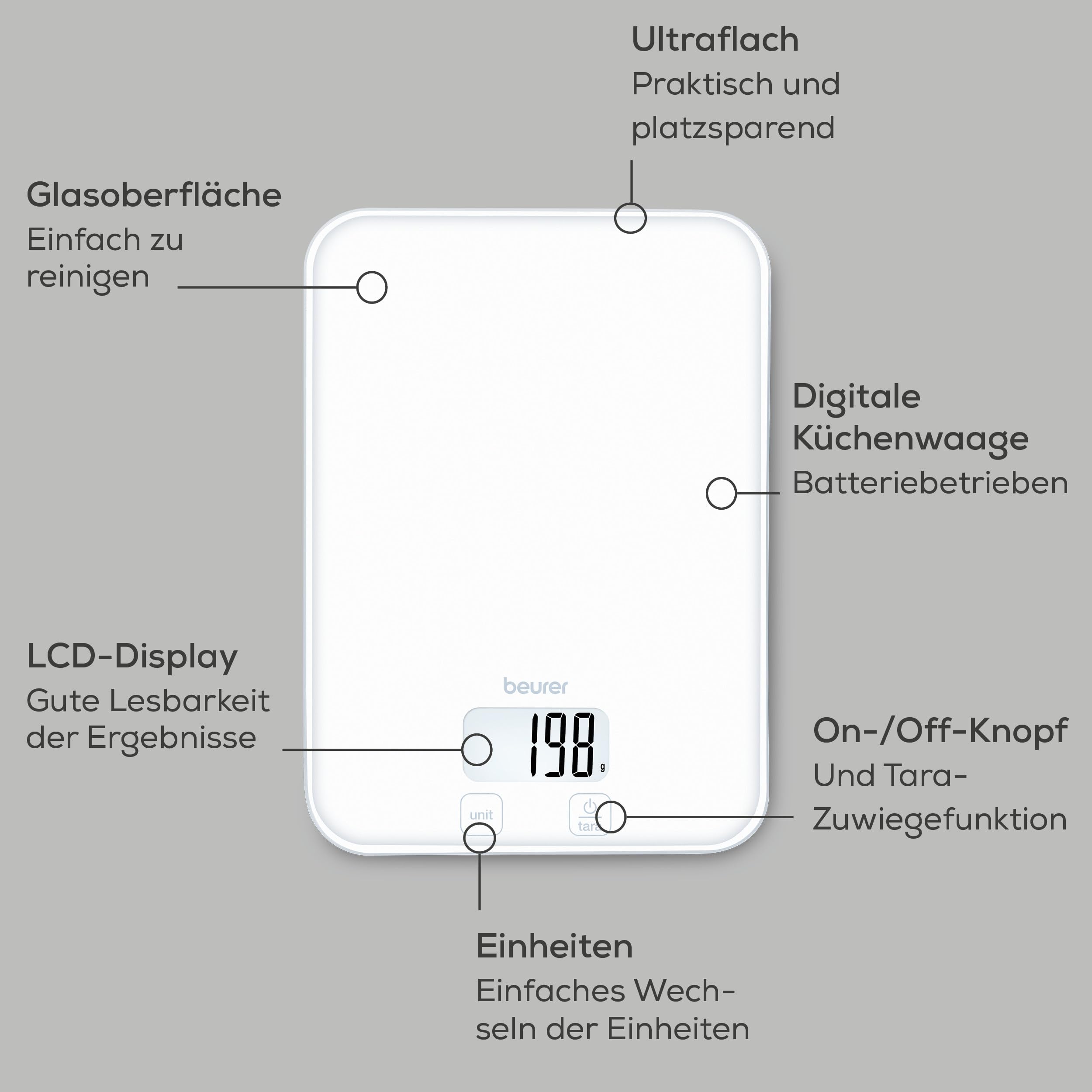 Beurer KS 19 Pure White digitale Küchenwaage, Tragkraft bis zu 5 kg