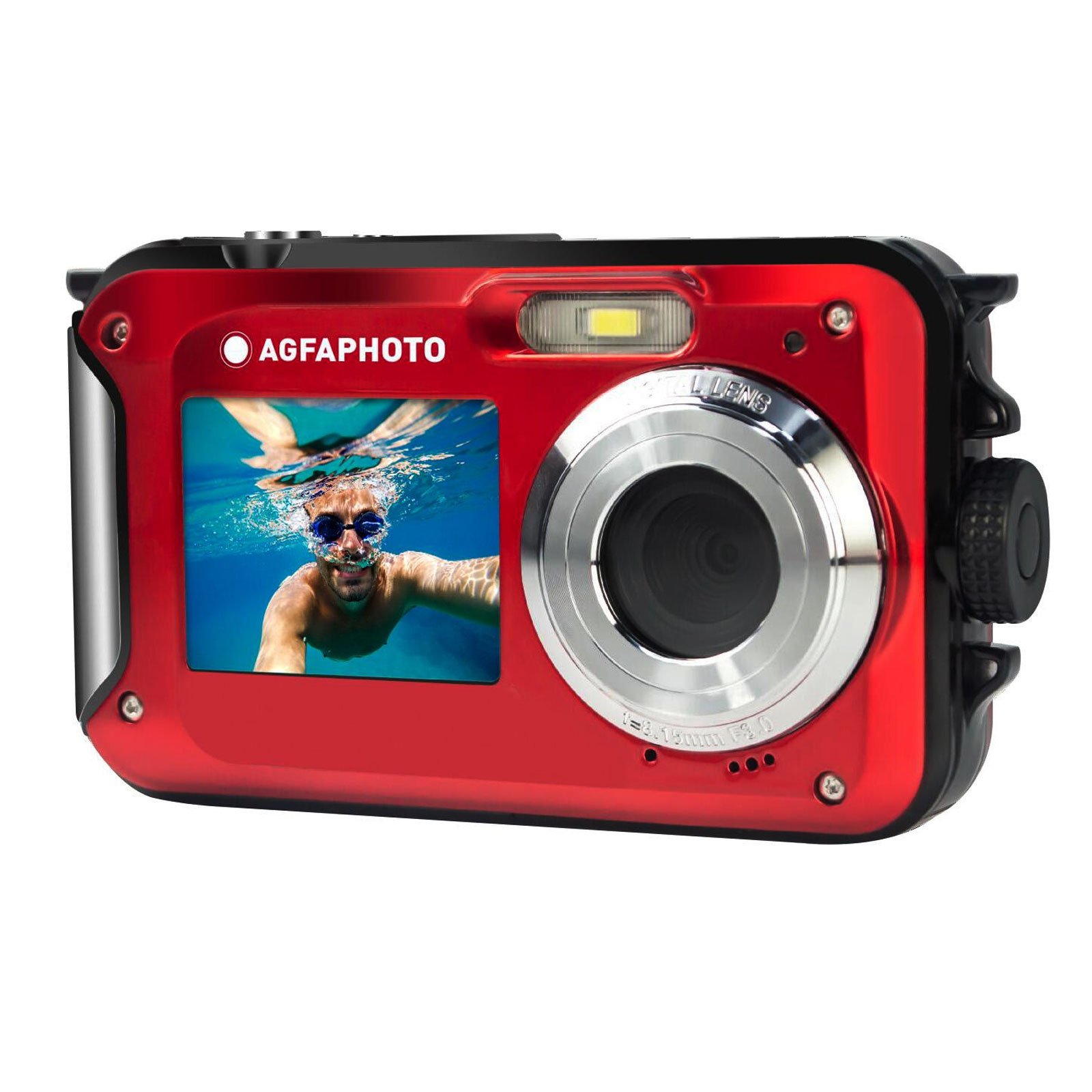 AGFAPhoto Kompaktkamera WP8000 rot Kit mit Schwimmgriff und zweitem Akku (Wasserdicht bis zu 3m, 24 MP, Full HD)