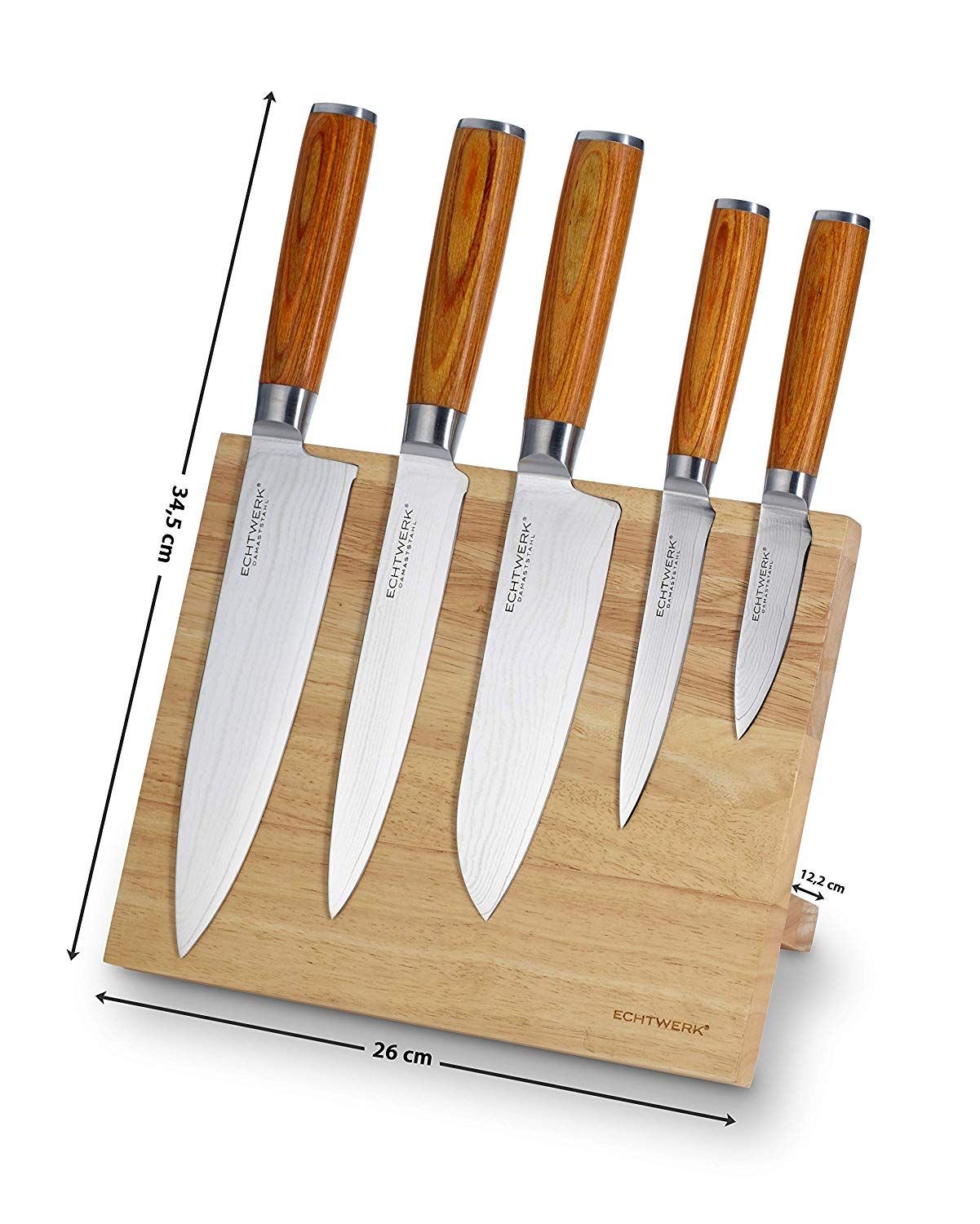 Echtwerk Damastmesser Set 5tlg. Inkl. Magnet‐Messerblock aus Holz