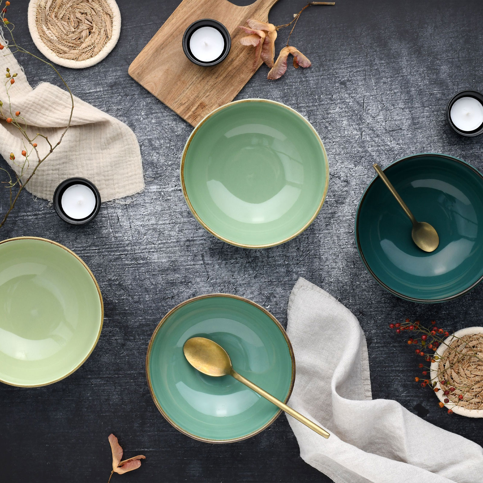 CreaTable, 22878, Serie Nature Collection Green Life Bowls, 4-teiliges Geschirrset, Smoothie Bowl Set aus Steinzeug