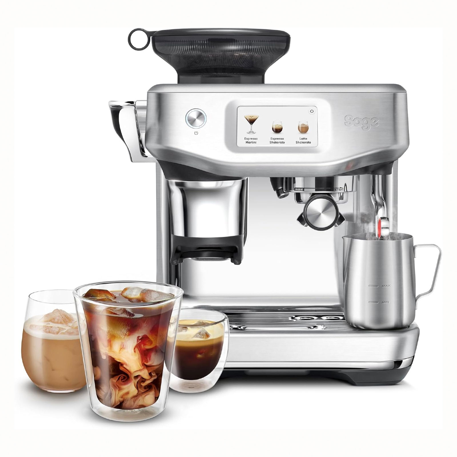 Sage SES882BSS Siebträger-Espressomaschine (ThermoJet®, 3 Sekunden Aufheizzeit, integriertes Mahlwerk, Auto MilQ™, Cold Brew, Touchscreen)