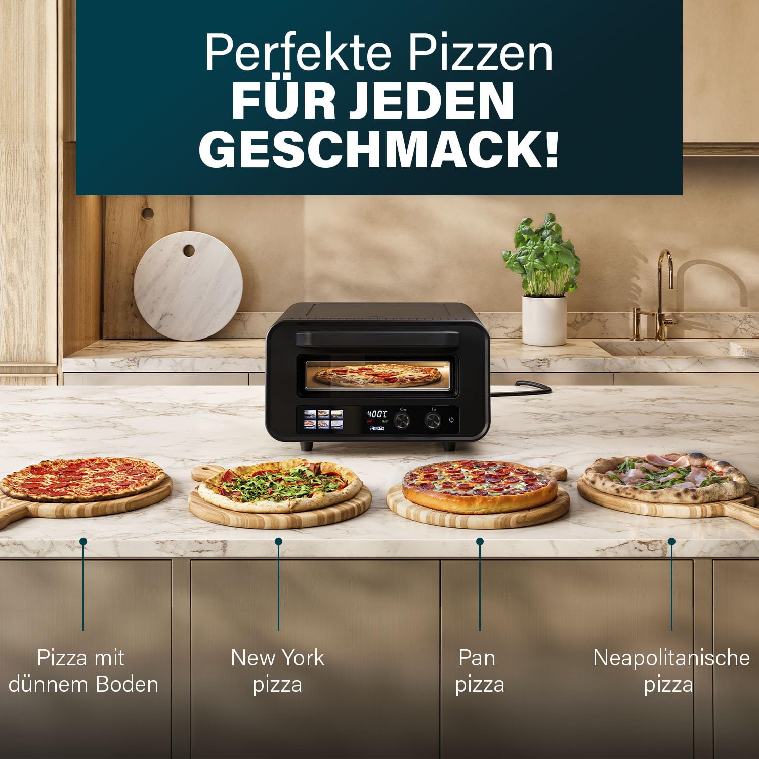 Princess Pizzaofen Pro Max, 15L, 400°C, Digitales Bedienfeld, 2100W