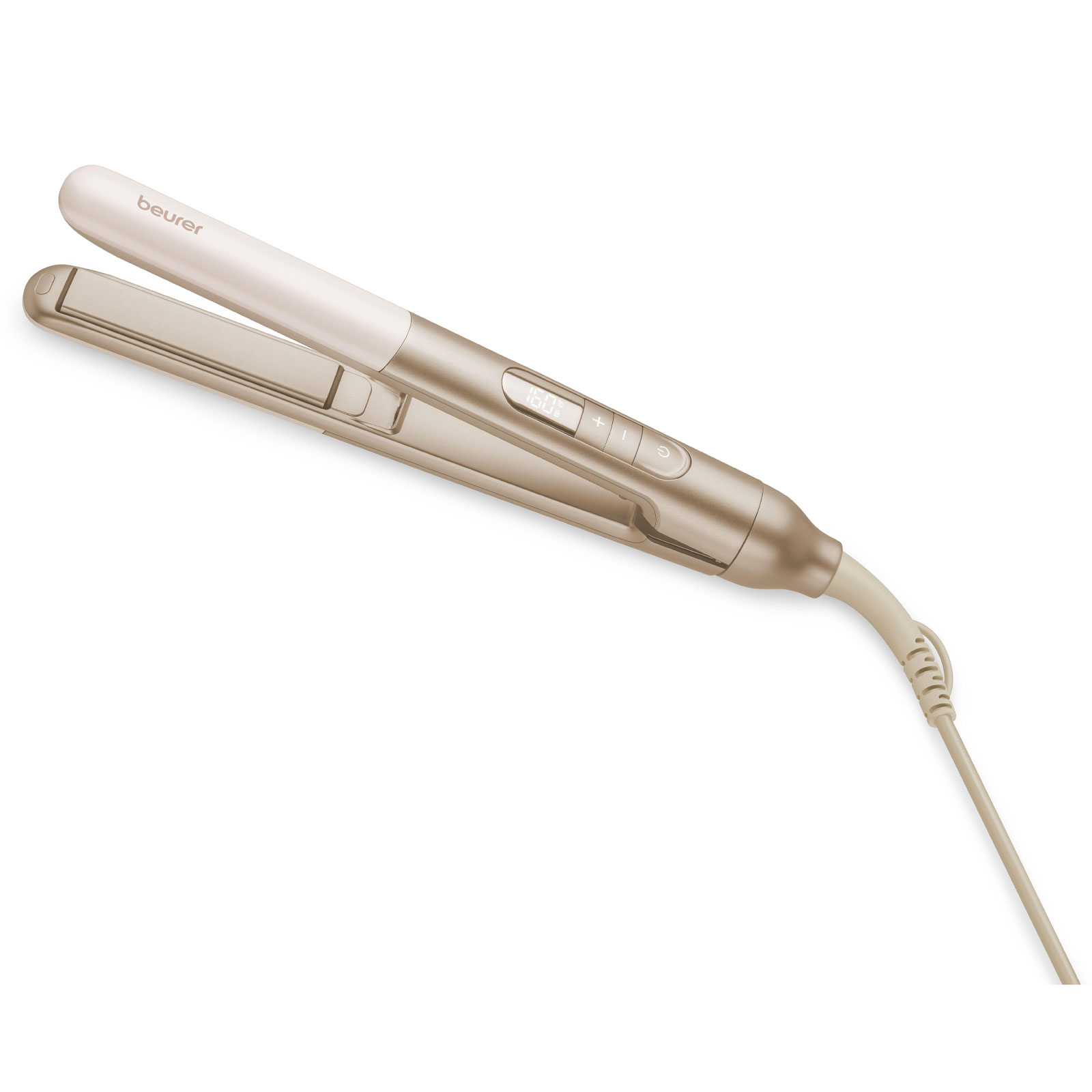 BEURER HS 70 ICONIC PRO Haarglätter (Keramikbeschichtete Stylingplatten, LED-Display, mehrstufige Temperatureinstellungen, Ionenfunktion, Abschaltautomatik, inkl. Aufhängeöse, hitzebeständige Aufbewahrungstasche, Matt Beige/ Metallisch Gold