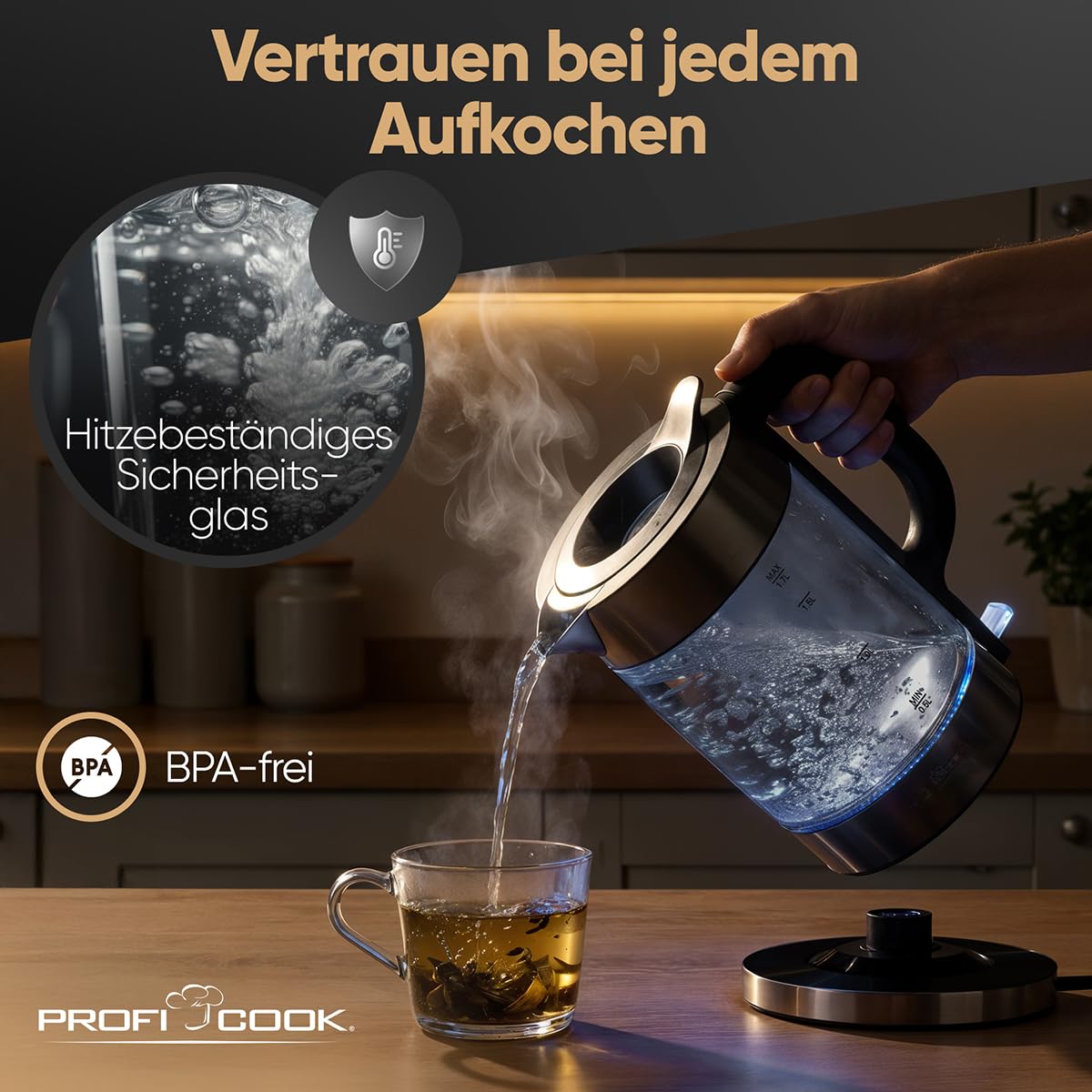 ProfiCook® Wasserkocher Glas | 1,7L | 2200W | beleuchtet | Einhandbedienung