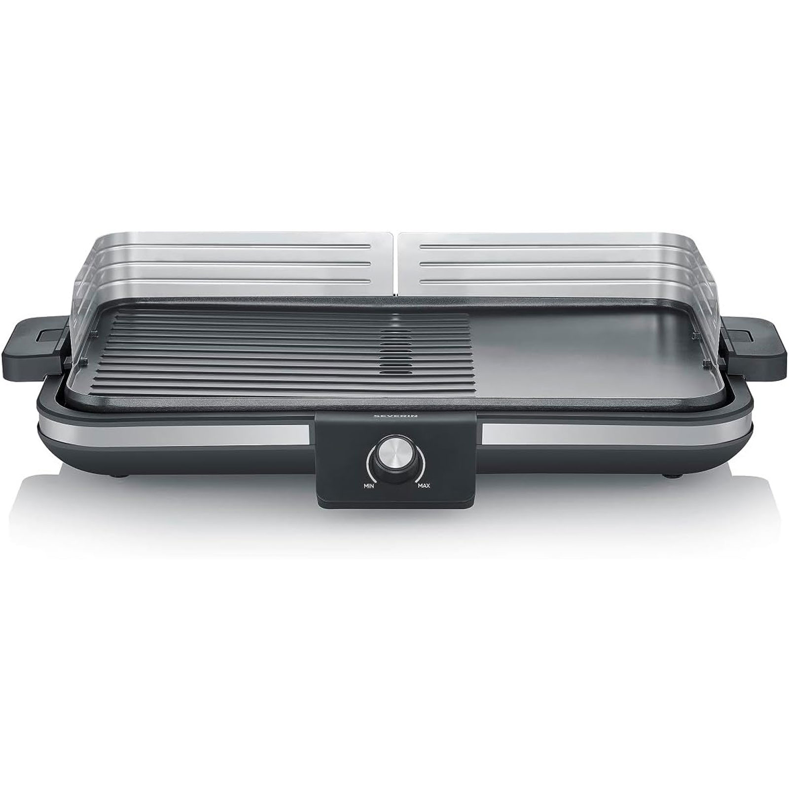 SEVERIN PG 8564 Plancha Tischgrill (2300 Watt, Kunststoff / Edelstahl / Aluminium, stufenlose Regulierung, Grillfläche: 1500cm², antihaftbeschichtet, Windschutz)