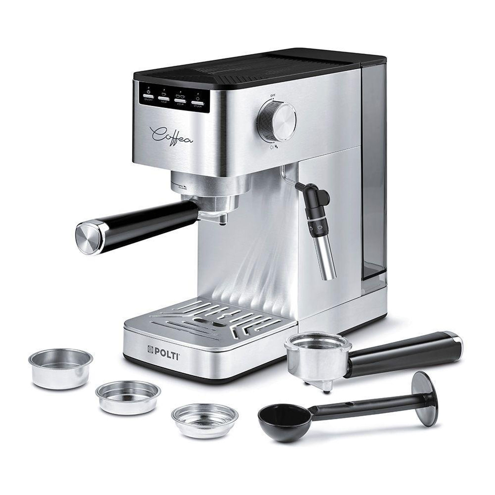 Polti Coffea P10S Siebträger-Espressomaschine (15 bar, 1,3 Liter, Milchschaumdüse, Edelstahlgehäuse, gemahlener Kaffee &; E.S.E.-Pads)