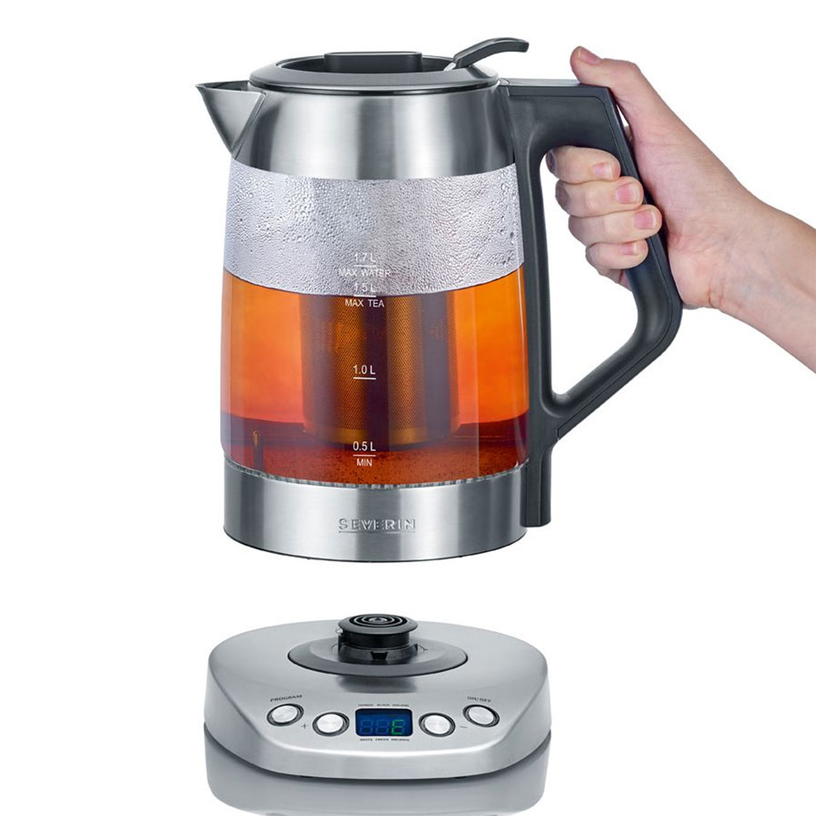SEVERIN WK 3479 Glas Tee- und Wasserkocher 1,7L Deluxe Edelstahl/schwarz