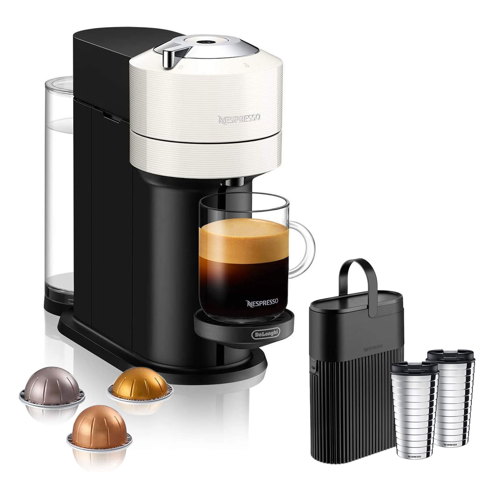 Delonghi ENV120.W VertuoNext Basic + Nespresso Geschenk-Set Recycling Behälter + Travel Mug