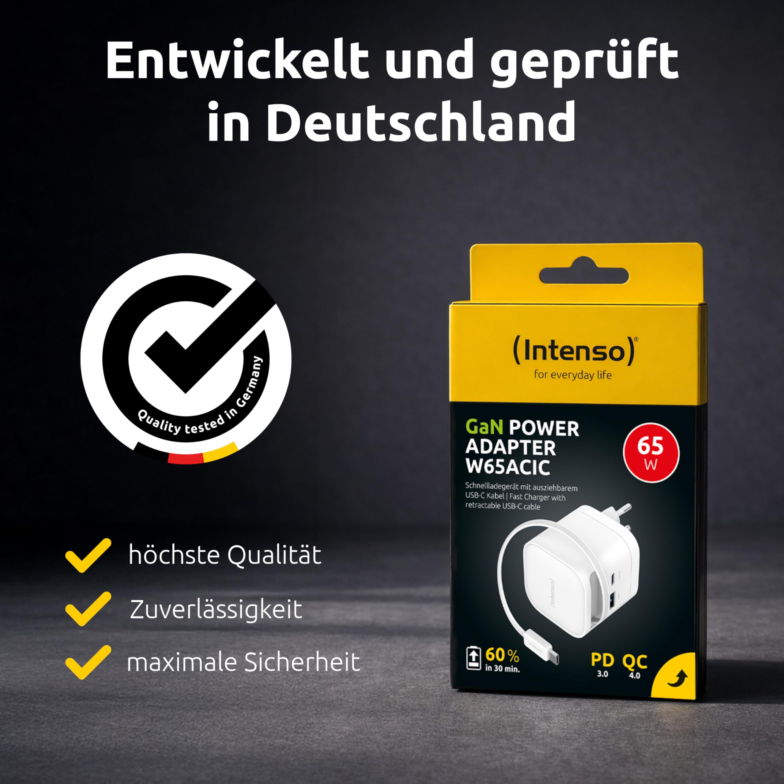 Intenso Power Adapter W65ACIC - 65W USB-C GaN Ladegerät mit ausziehbarem Kabel
