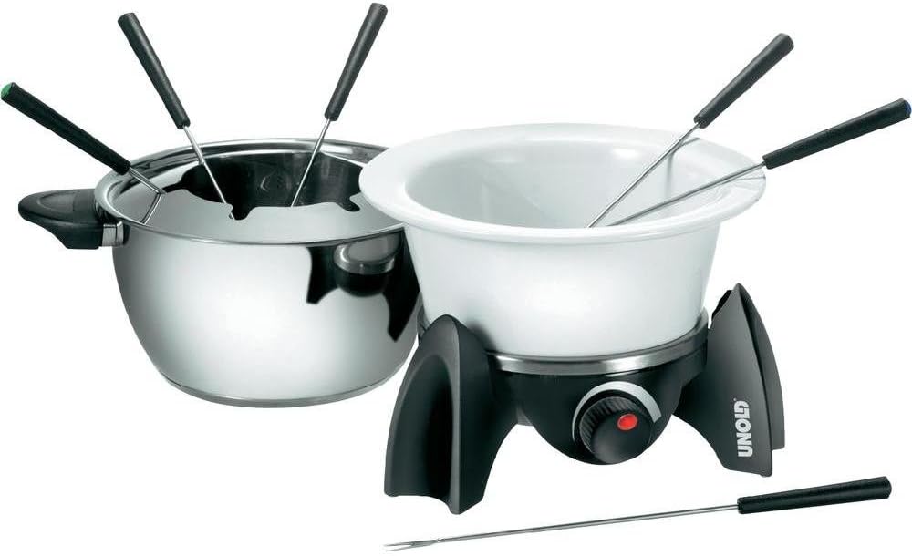 Unold 48615 Elektro Fondue Set mit Edelstahl und Keramik Topf (Fleisch/Käse/Schoko)