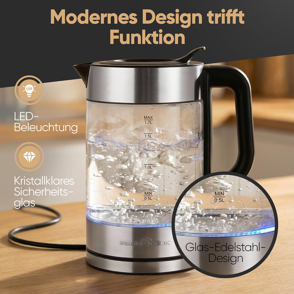 ProfiCook® Wasserkocher Glas | 1,7L | 2200W | beleuchtet | Einhandbedienung