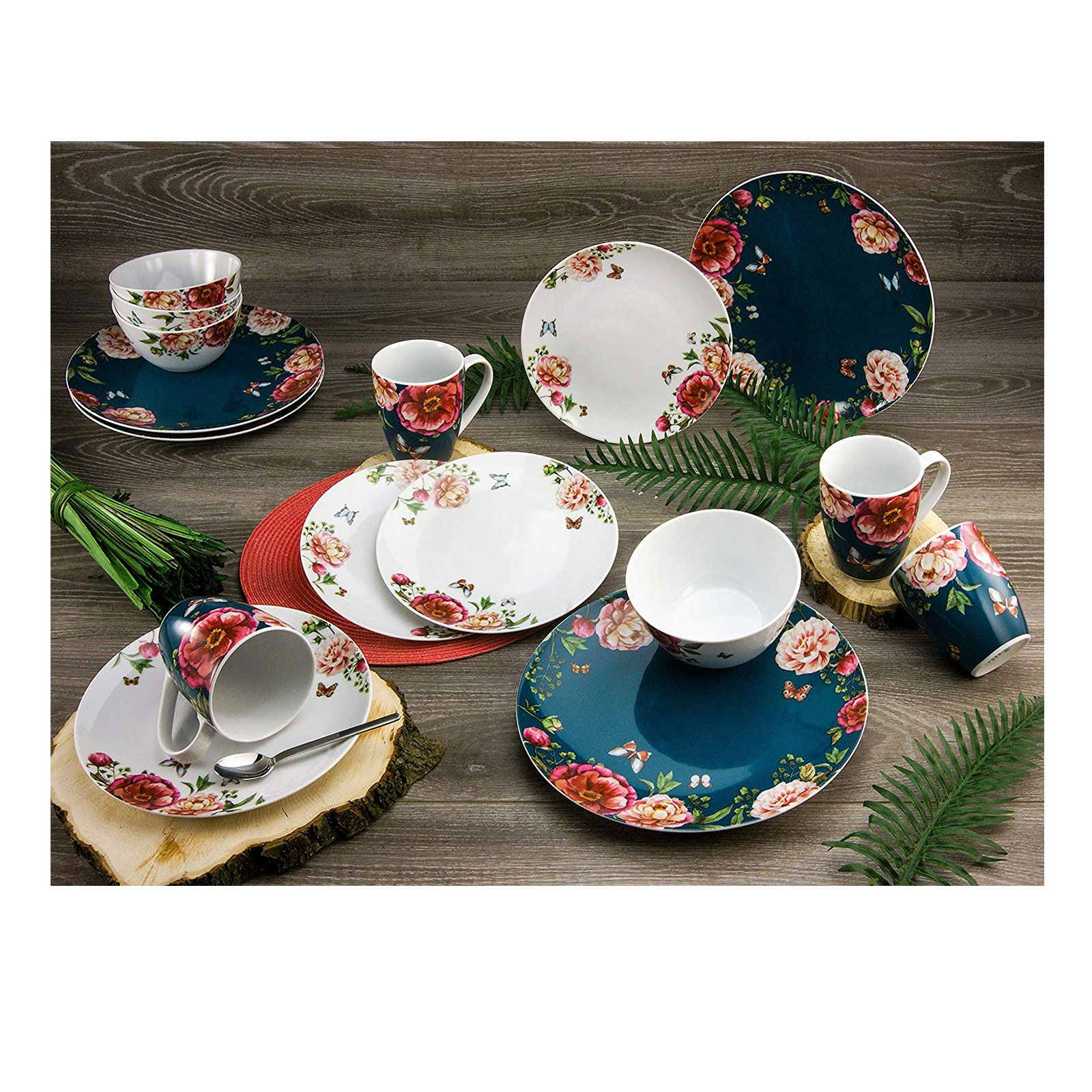 CreaTable, 22221, Serie Enjoy ROSES - Petrol + weiss, Geschirrset, Kombiservice 30 teilig