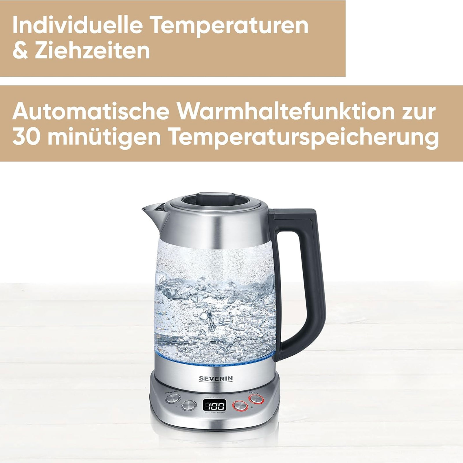 SEVERIN WK 3480 Glas Tee- und Wasserkocher (1,7 Liter Wasser, 1,5 Liter Tee, 3000 W, Edelstahl, Transparent, Temperatureinstellung, Warmhaltefunktion, 5 Teeprogramme)