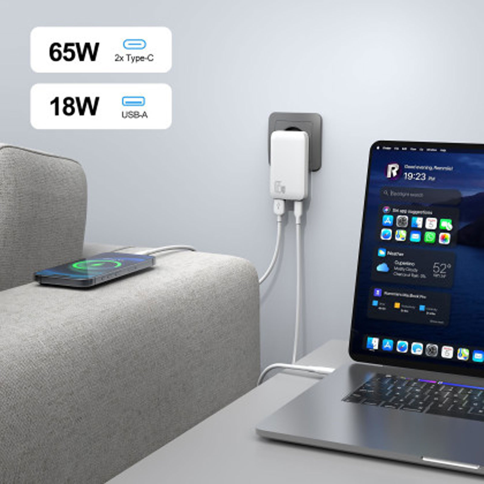 Felixx 65W GaN PD Reiselader Slim, USB-A + 2 USB-C Anschlüsse, weiß, inklusive 100W PD USB-C Kabel