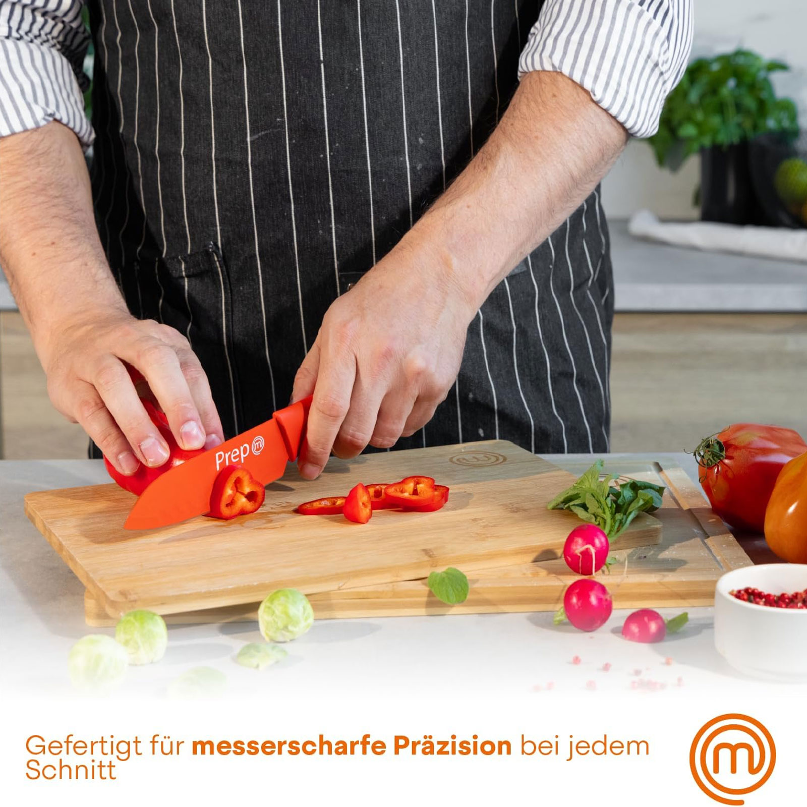 MasterChef FSC Schneidebrett + 3-teiliges Küchenmesser-Set + Küchentextilien-Set 3-teilig