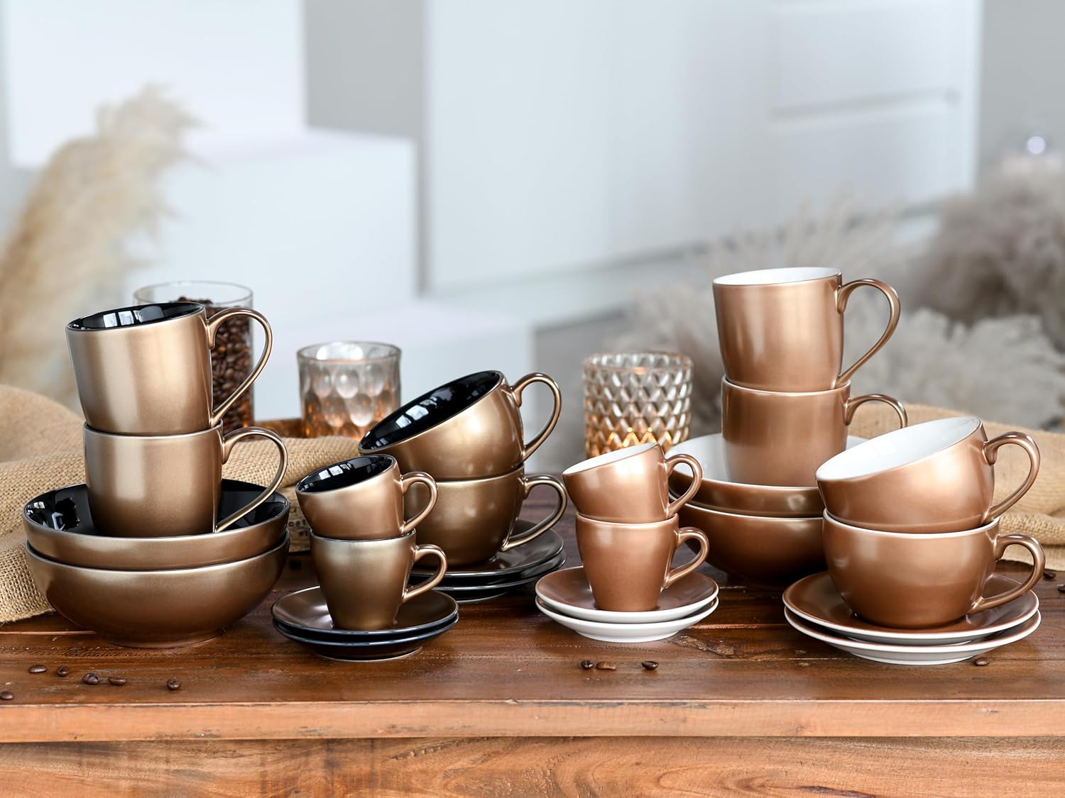 CreaTable, 24327, Serie Golden Days Weiß, 12-teiliges Geschirrset, Cappuccino Set aus Steinzeug