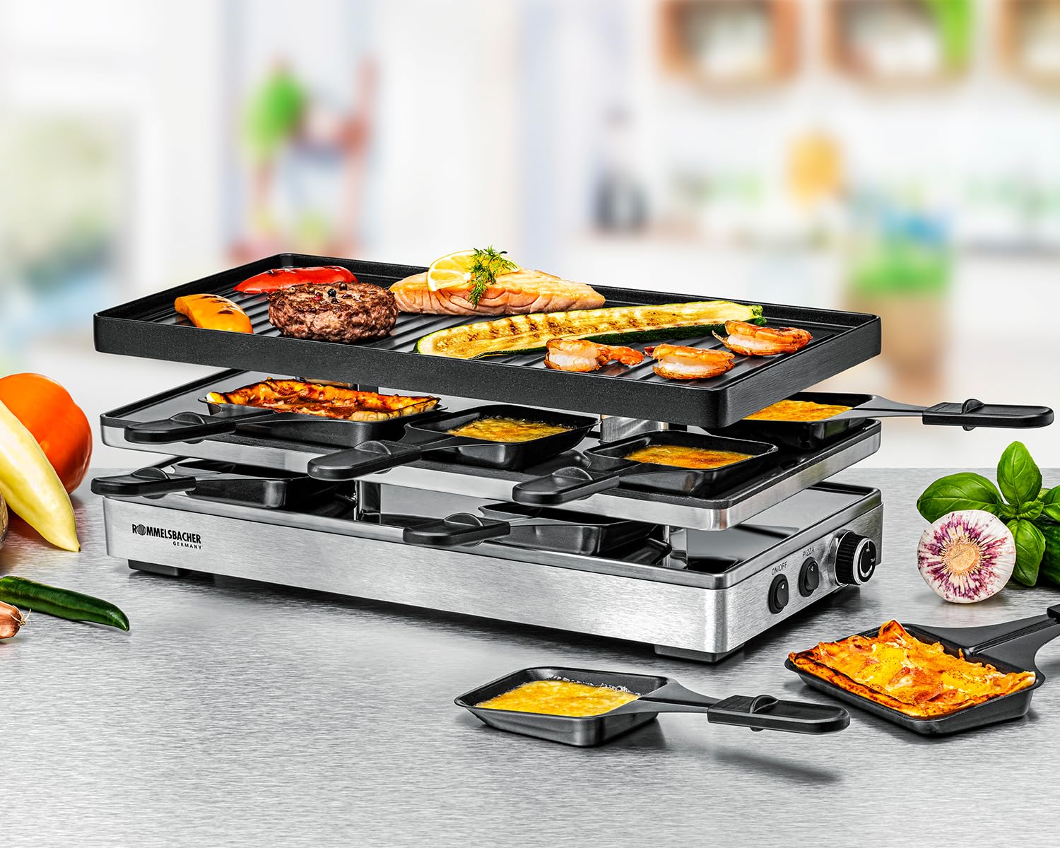 ROMMELSBACHER Pizza Raclette RCP 1800, Wendeplatte (Grillmuster/Crêpes)