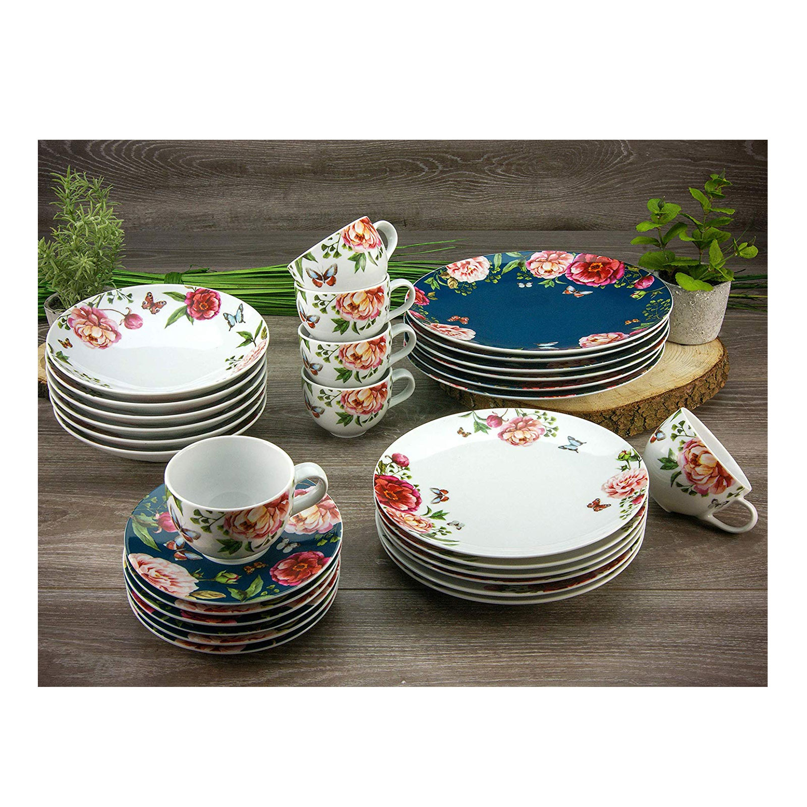 CreaTable, 22221, Serie Enjoy ROSES - Petrol + weiss, Geschirrset, Kombiservice 30 teilig