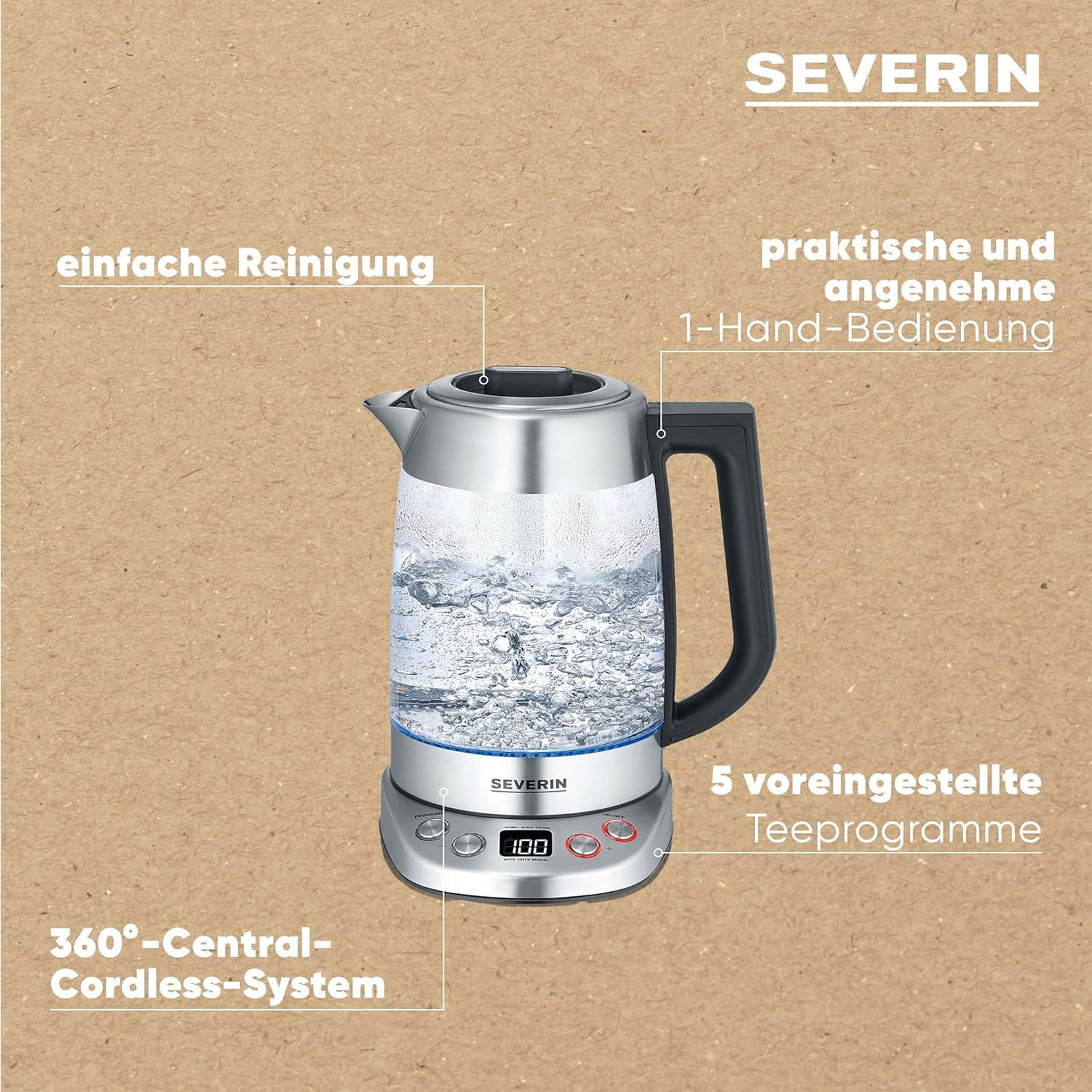 SEVERIN WK 3480 Glas Tee- und Wasserkocher (1,7 Liter Wasser, 1,5 Liter Tee, 3000 W, Edelstahl, Transparent, Temperatureinstellung, Warmhaltefunktion, 5 Teeprogramme)