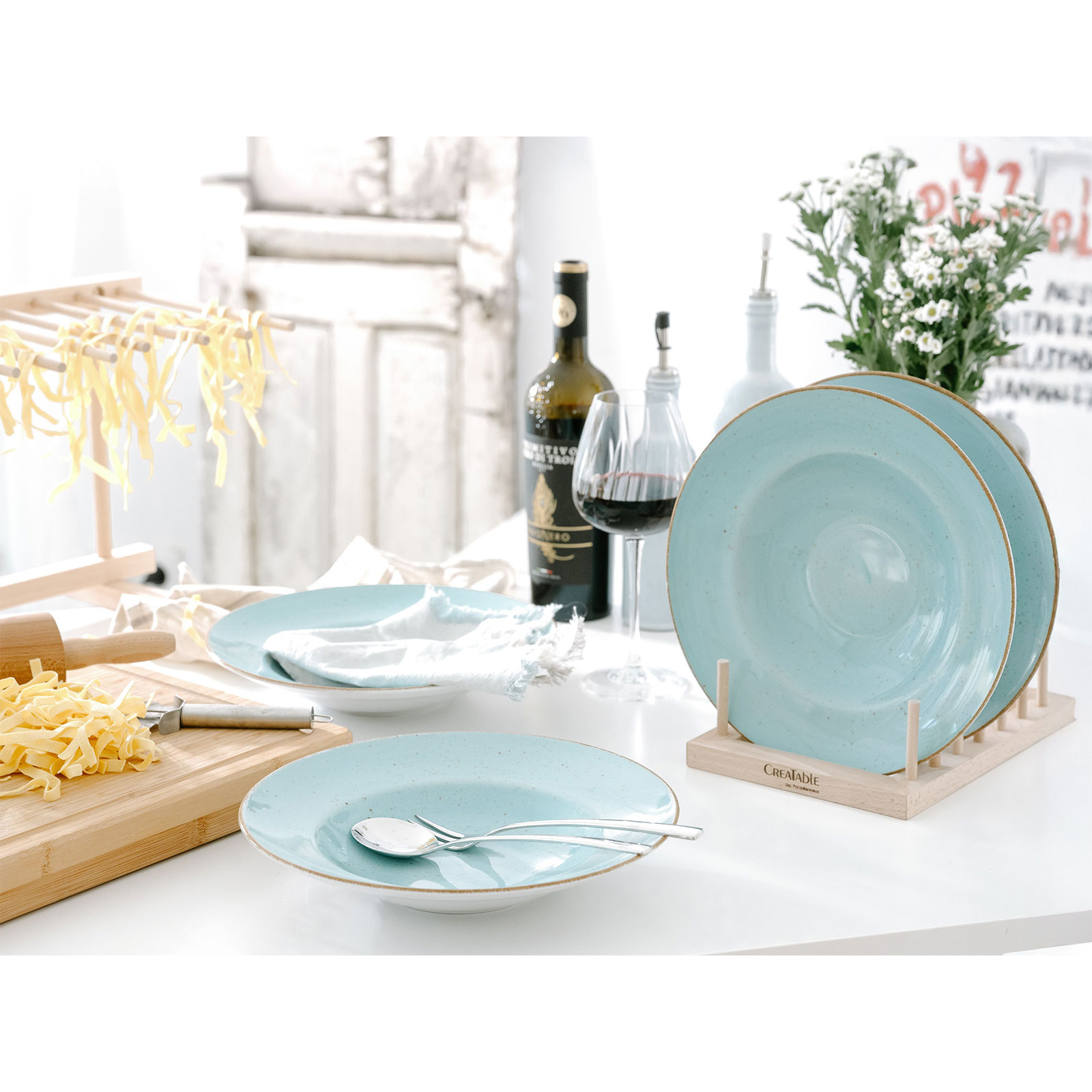 CreaTable, 34046, Serie Vintage Nature Aqua, 4-teiliges Geschirrset, Pastateller aus Porzellan, spülmaschinen- und mikrowellengeeignet, Made in Europe