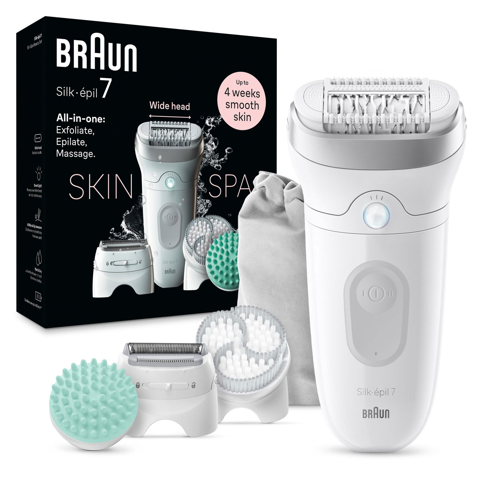 Braun Epilierer Silk-épil 7 SkinSpa 7-081 (SkinSpa All-In-One Set für glatte Haut von Kopf bis Fuß, Massageaufsatz, Peelingbürste, Rasieraufsatz, Trimmeraufsatz, Wet&;Dry-Anwendung, Smartlight-Funktion, Made in Germany)