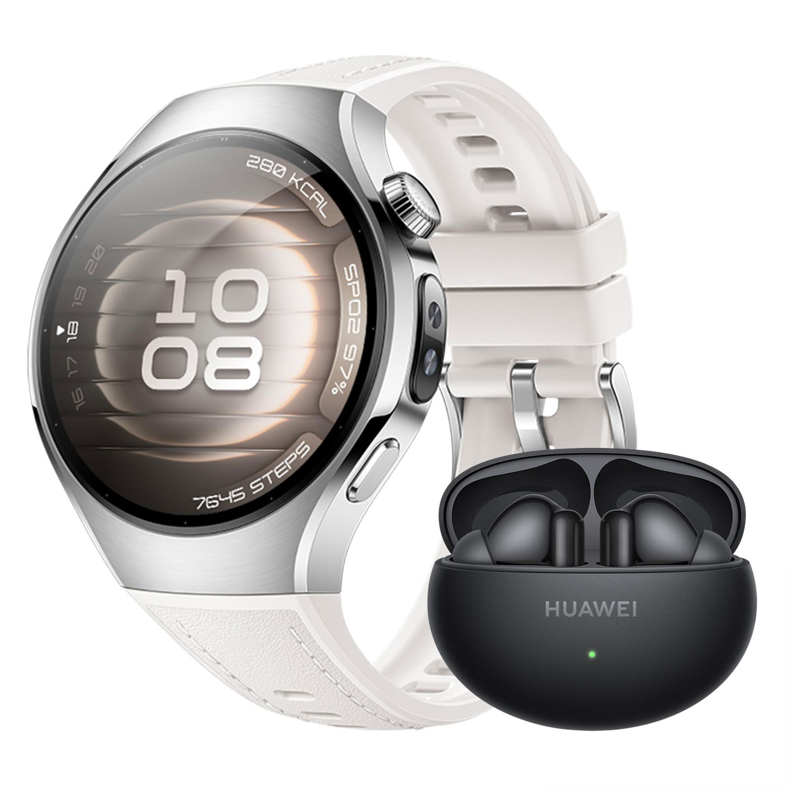 Huawei Watch 5, 42 mm, Sandgoldenes 904L Edelstahlgehäuse mit beigem Kompositarmband + FreeBuds 6i (Herzfrequenzmessung, Schlafüberwachung, Schrittzähler)