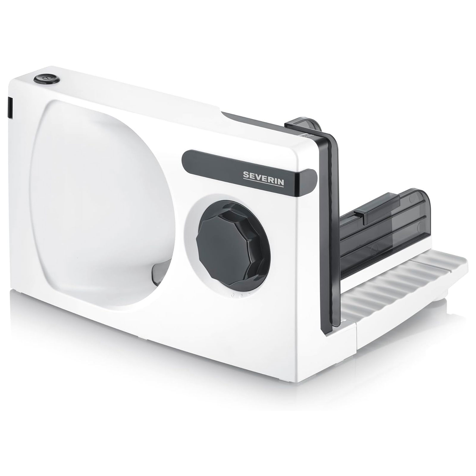 SEVERIN Allesschneider AS 3912 (100 W, Rundmesser von RSG Solingen aus Edelstahl, herausnehmbar, Schnittstärke von 0 bis 15 mm, zusammenklappbare Grundplatte, Kabelaufwicklung, Weiß/Schwarz)