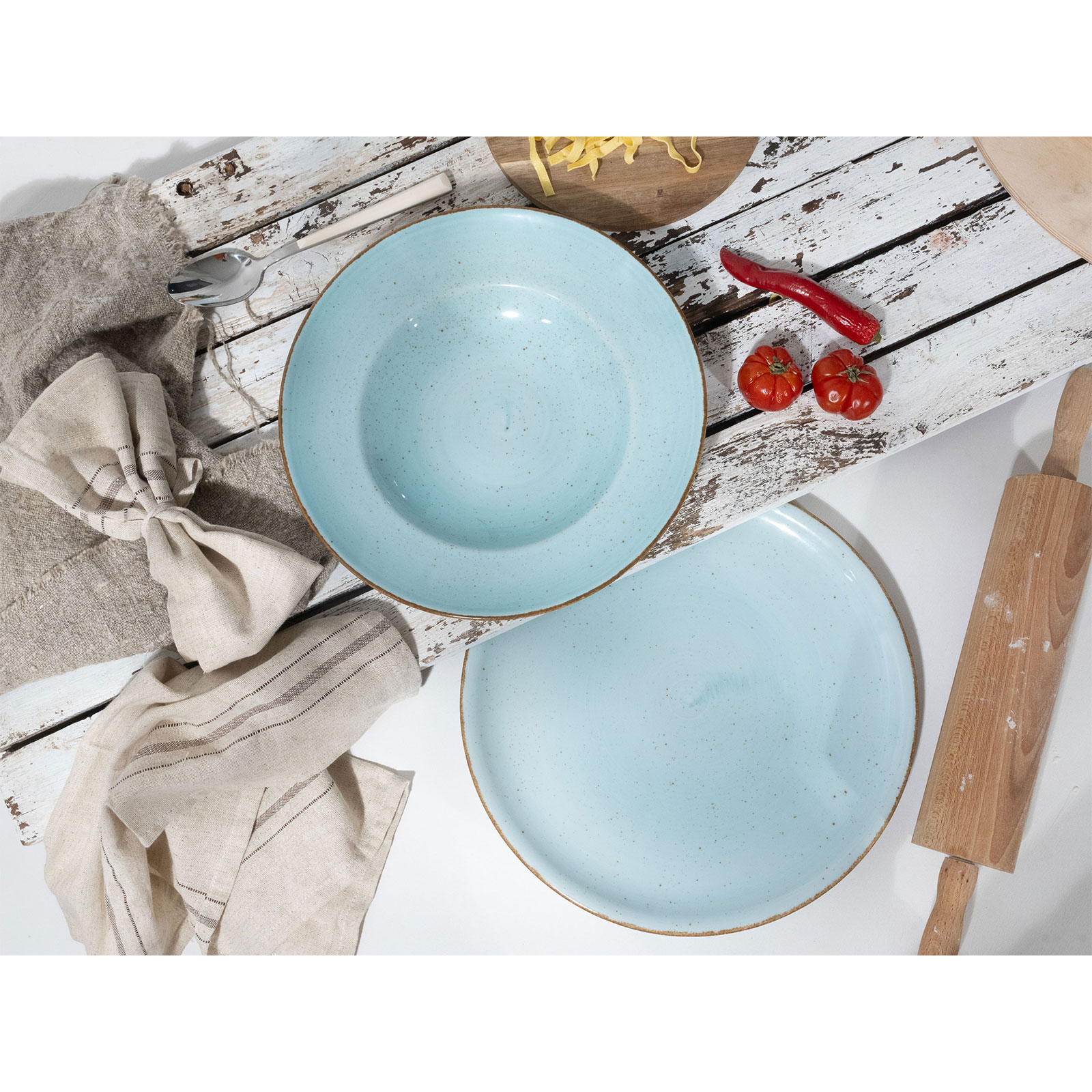 CreaTable, 34045, Serie Vintage Nature Aqua, 4-teiliges Geschirrset, Pizzateller aus Porzellan, spülmaschinen- und mikrowellengeeignet, Made in Europe