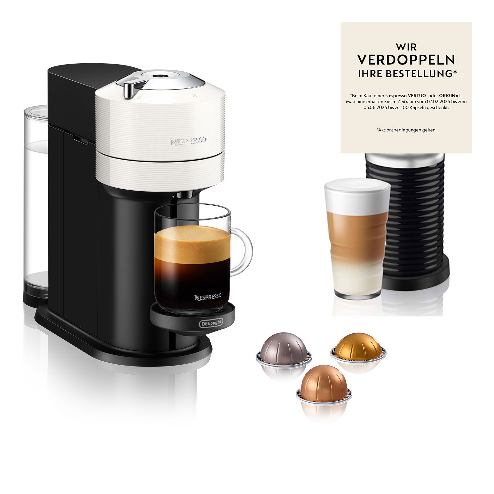 De'Longhi Nespresso-Kapselmaschine Vertuo Next ENV 120.W + Zugabe Aeroccino Milchaufschäumer