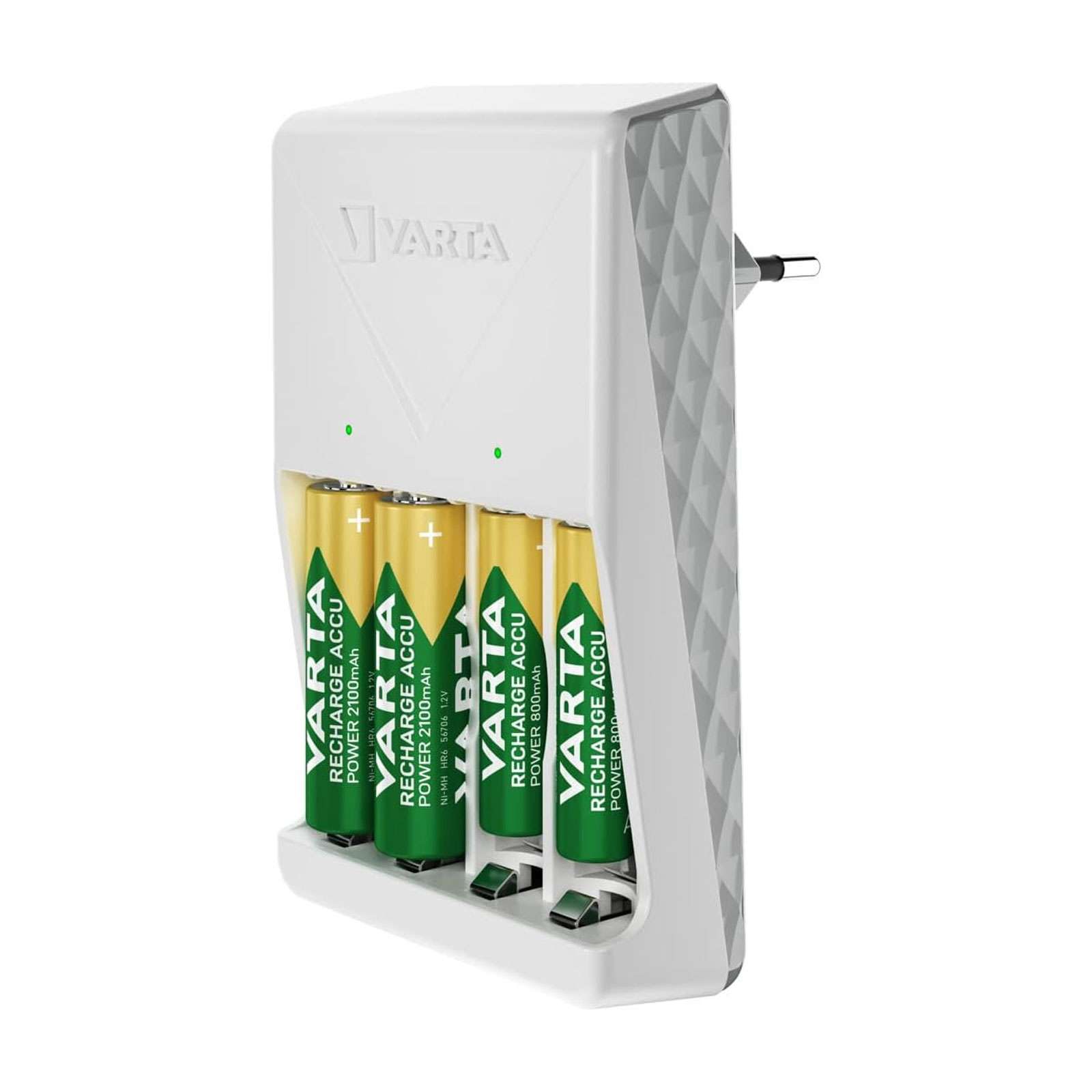 VARTA Ladegerät Plug Charger 4x AA 56706 2100mAh (4,5 h Ladezeit, lädt 2 oder 4 AA oder AAA Akkus, Ladeanzeige, 4x Recharge Accu Power AA 2100 mAh)